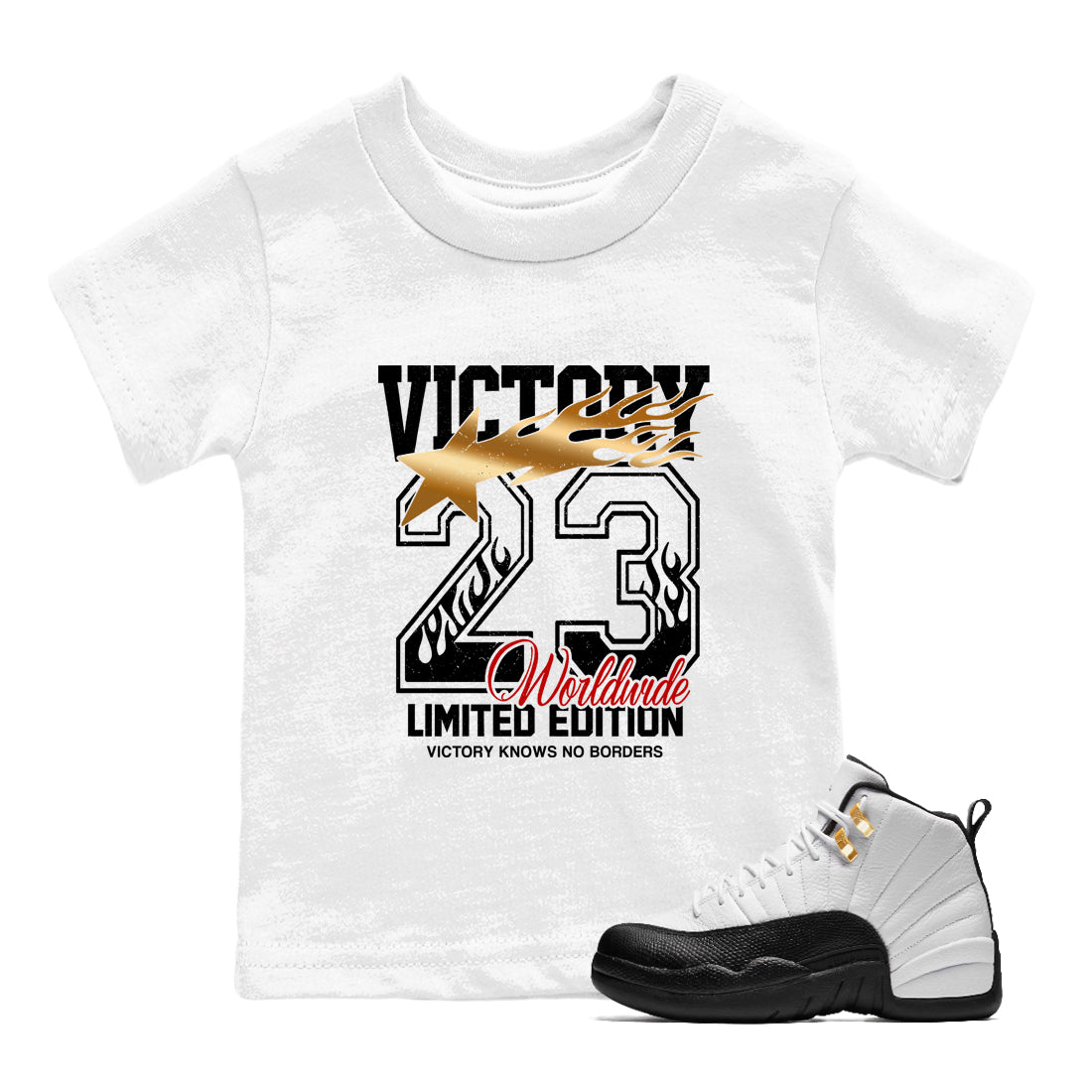 Sneaker match tees  Sneaker Tees To Match Air Jordan 12 Taxi Shoes  Victory Knows No Borders Kids T-Shirt White 1