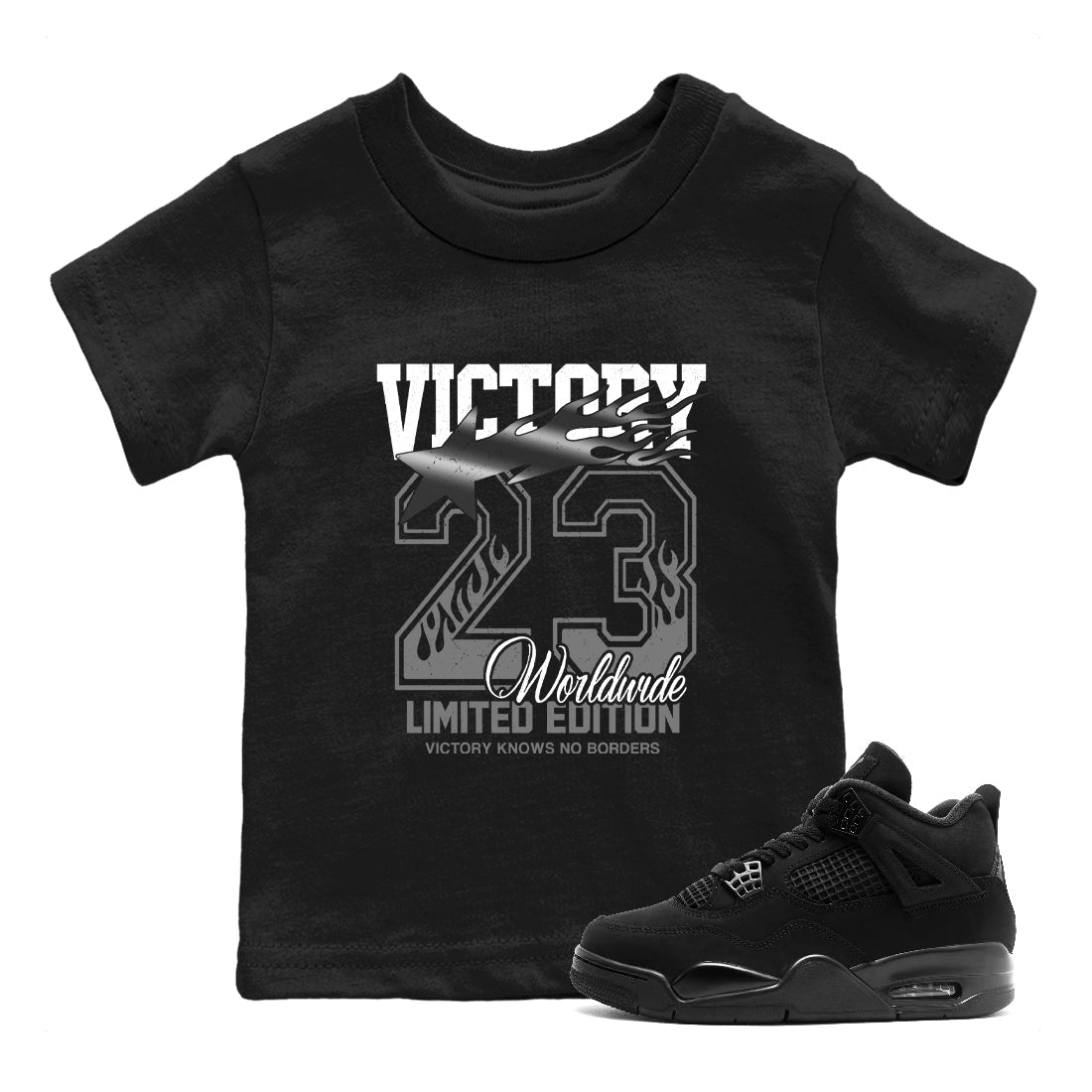 Sneaker match tees  Sneaker Tees To Match Air Jordan 4 Black Cat Shoes  Victory Knows No Borders Kids T-Shirt Black 1