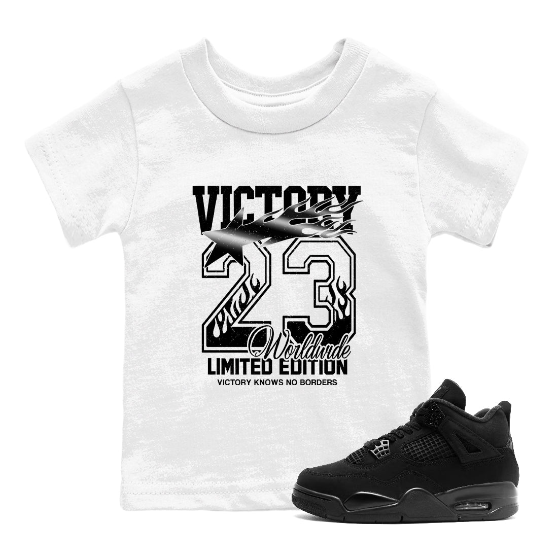 Sneaker match tees  Sneaker Tees To Match Air Jordan 4 Black Cat Shoes  Victory Knows No Borders Kids T-Shirt White 1