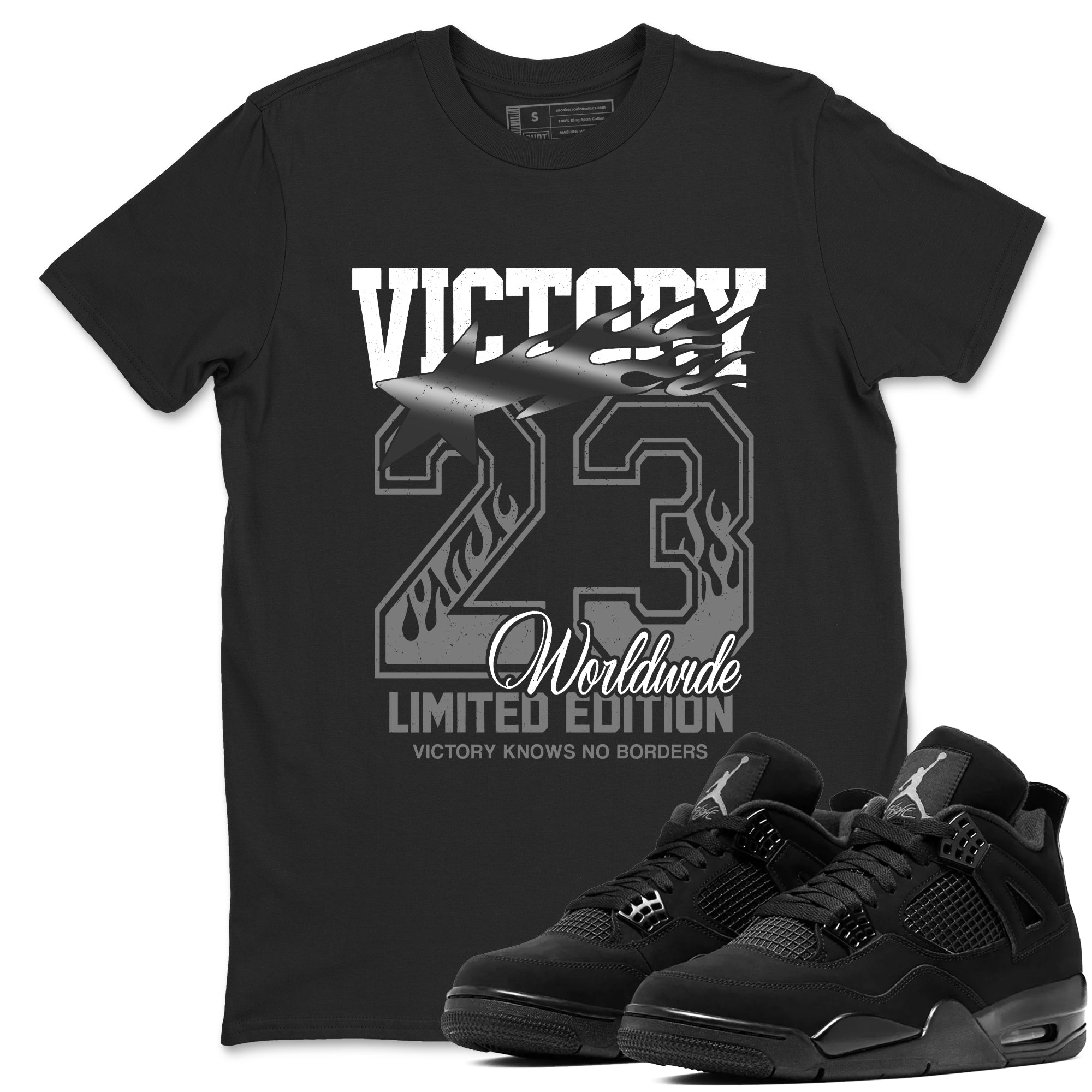 Sneaker match tees  Sneaker Tees To Match Air Jordan 4 Black Cat Shoes  Victory Knows No Borders Tee Black 1