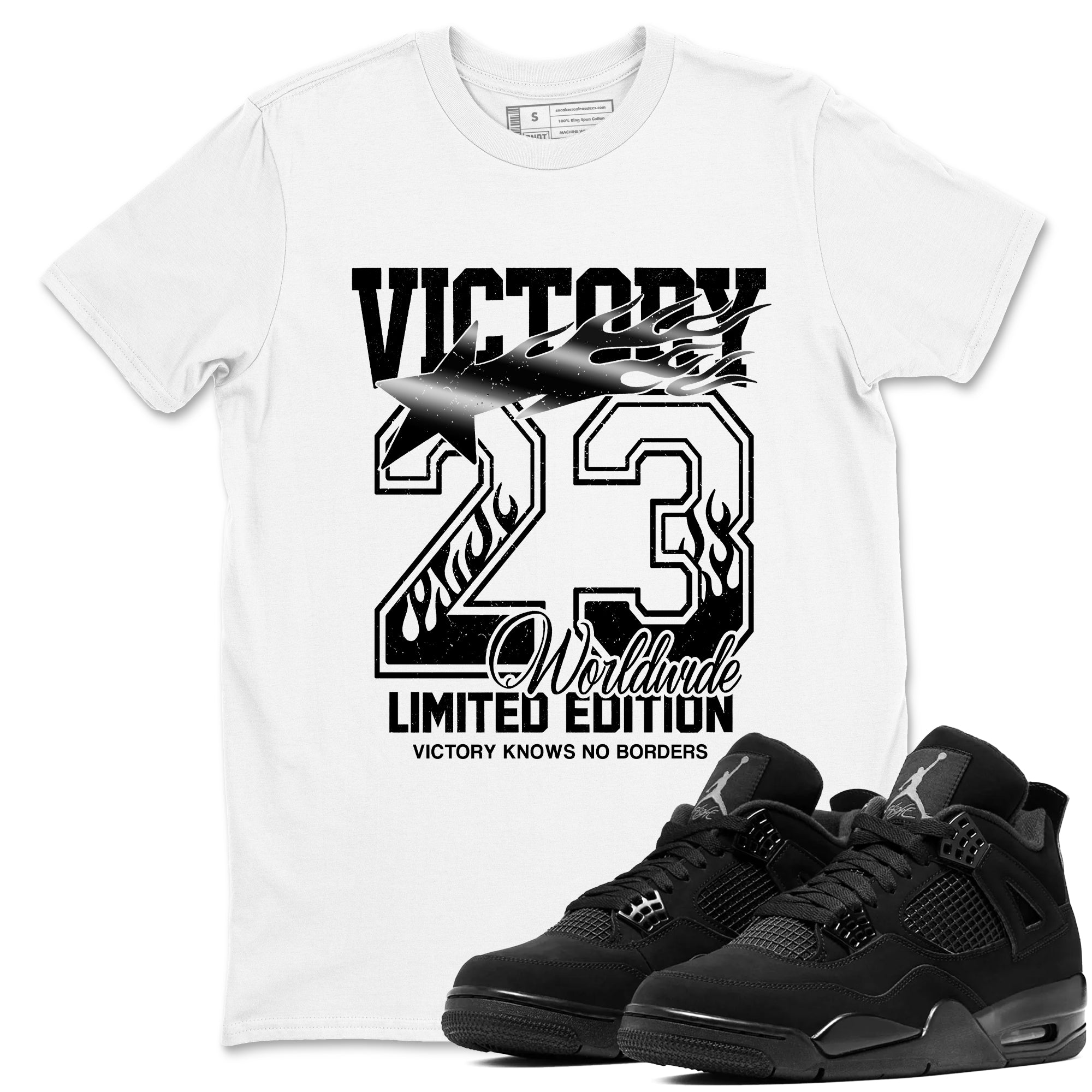 Sneaker match tees  Sneaker Tees To Match Air Jordan 4 Black Cat Shoes  Victory Knows No Borders Tee White 1