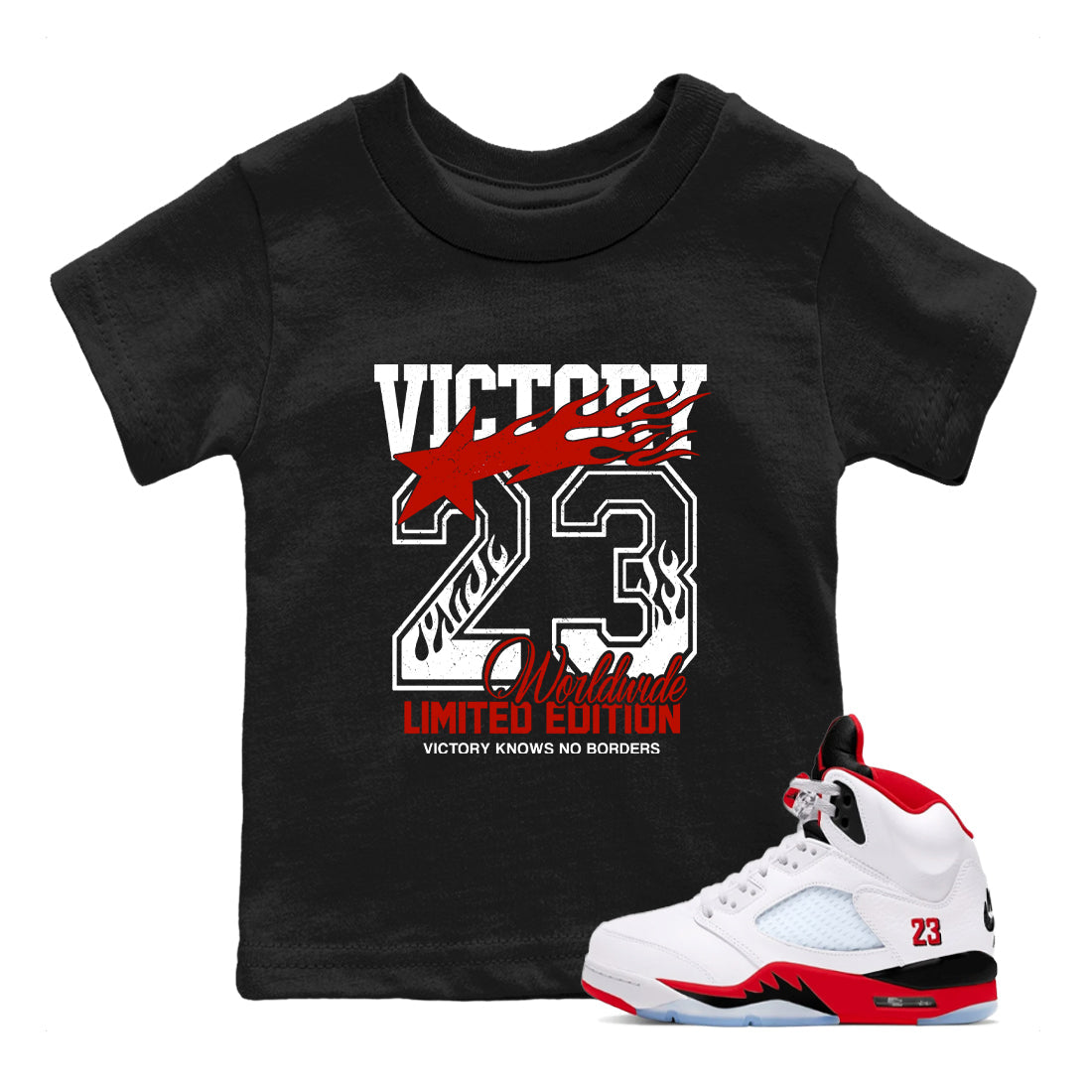 Sneaker match tees  Sneaker Tees To Match Air Jordan 5 Fire Red Shoes  Victory Knows No Borders Kids T-Shirt Black 1