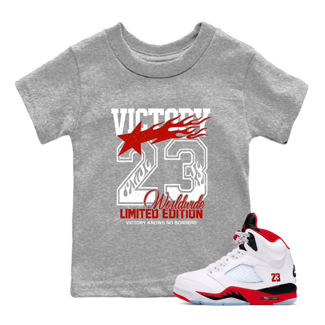 Sneaker match tees  Sneaker Tees To Match Air Jordan 5 Fire Red Shoes  Victory Knows No Borders Kids T-Shirt Heather Grey 1