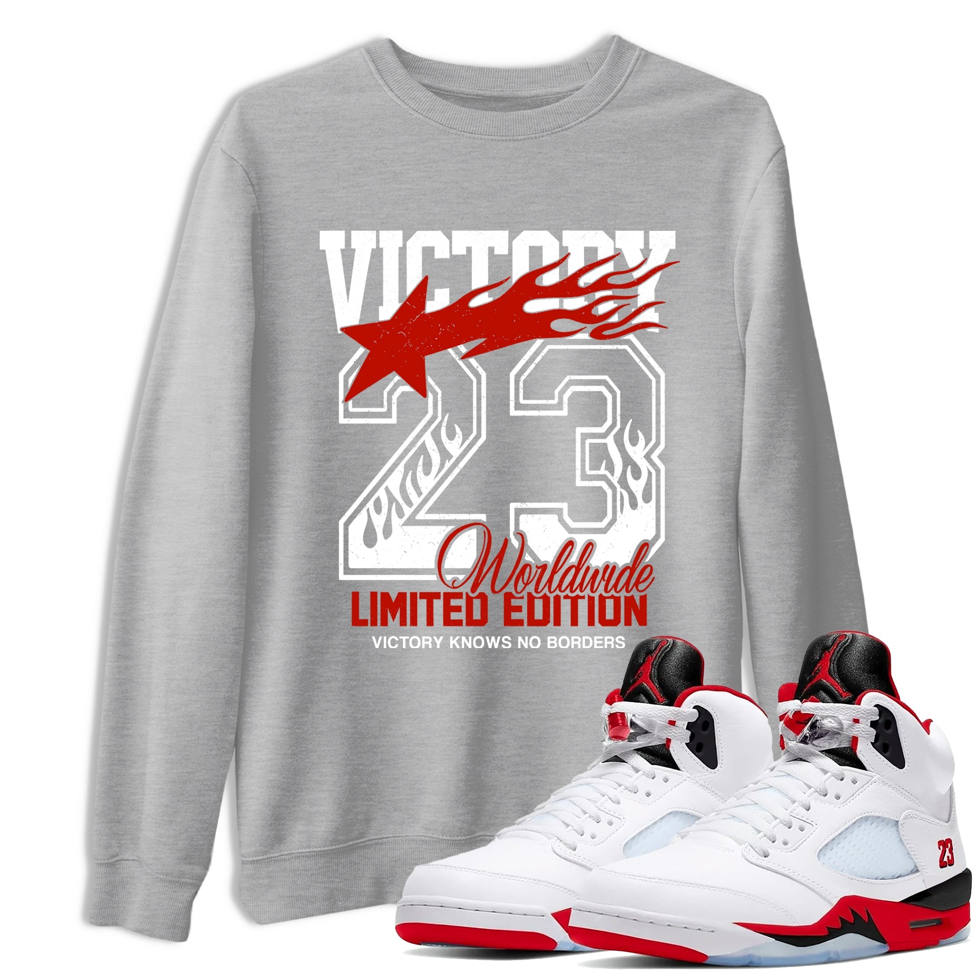 Sneaker match tees  Sneaker Tees To Match Air Jordan 5 Fire Red Shoes  Victory Knows No Borders Tee Heather Grey 1
