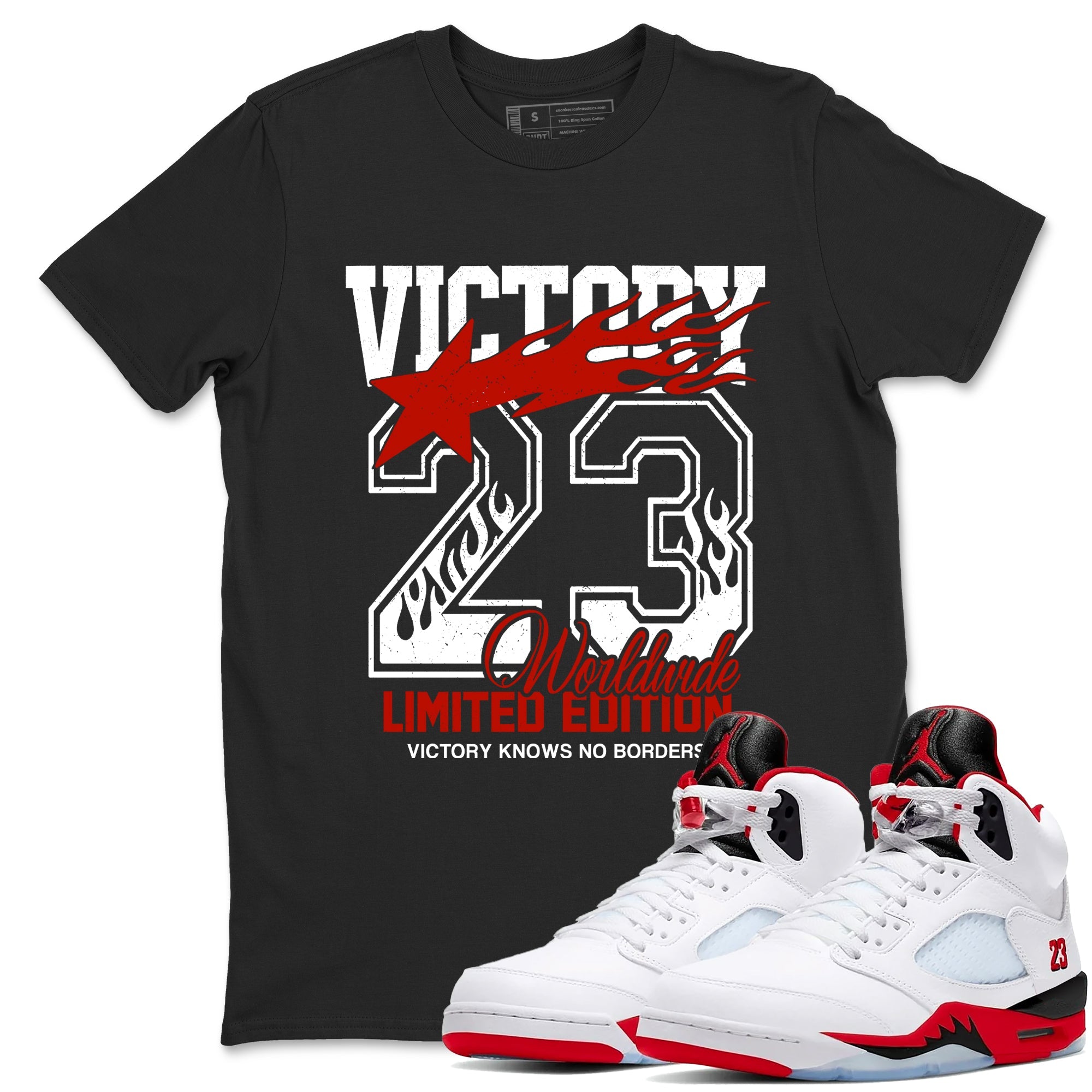 Sneaker match tees  Sneaker Tees To Match Air Jordan 5 Fire Red Shoes  Victory Knows No Borders Tee Black 1