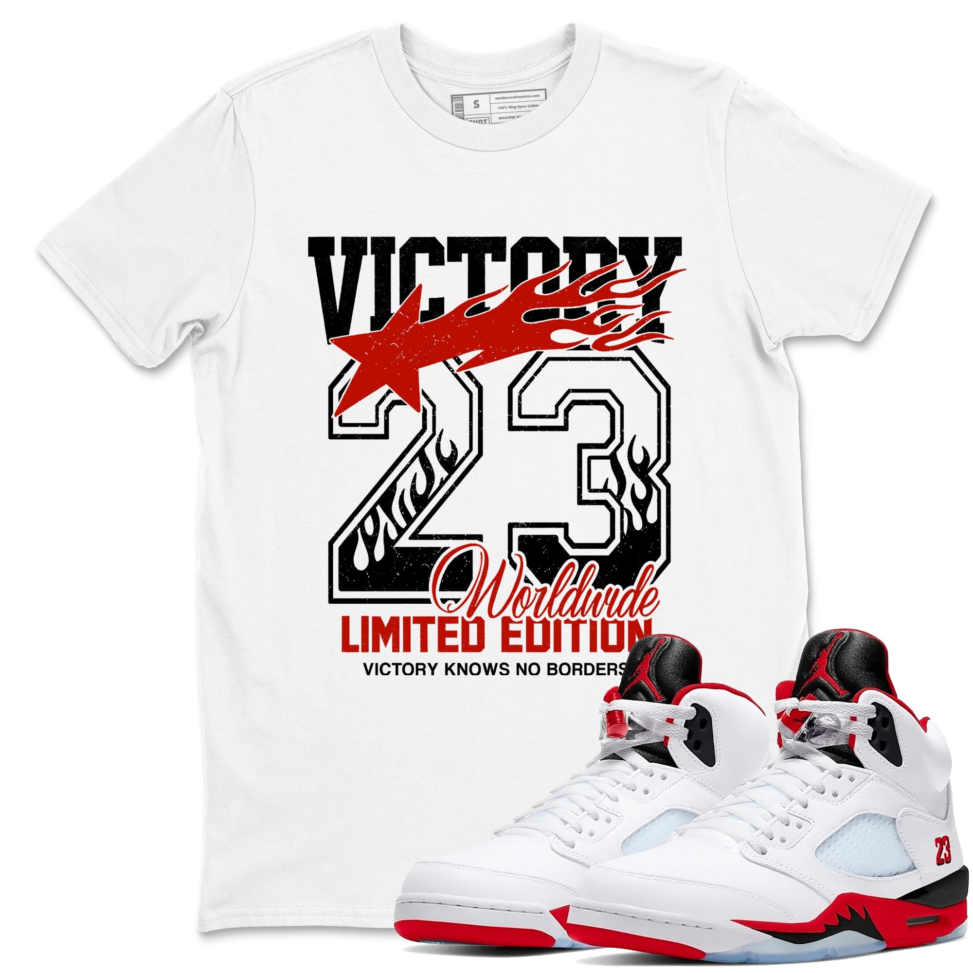 Sneaker match tees  Sneaker Tees To Match Air Jordan 5 Fire Red Shoes  Victory Knows No Borders Tee White 1
