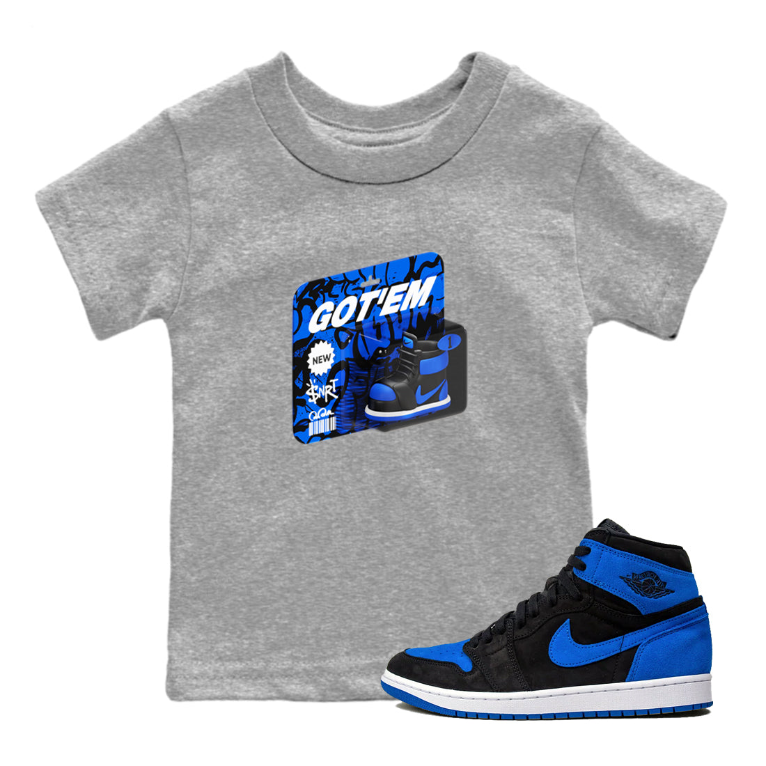 Air Jordan 1 Royal Reimagined shirt to match jordans Vintage Toy Packaging sneaker tees AJ1 Royal Reimagined Drip Gear Zone Baby Toddler Heather Grey 1 T-Shirt