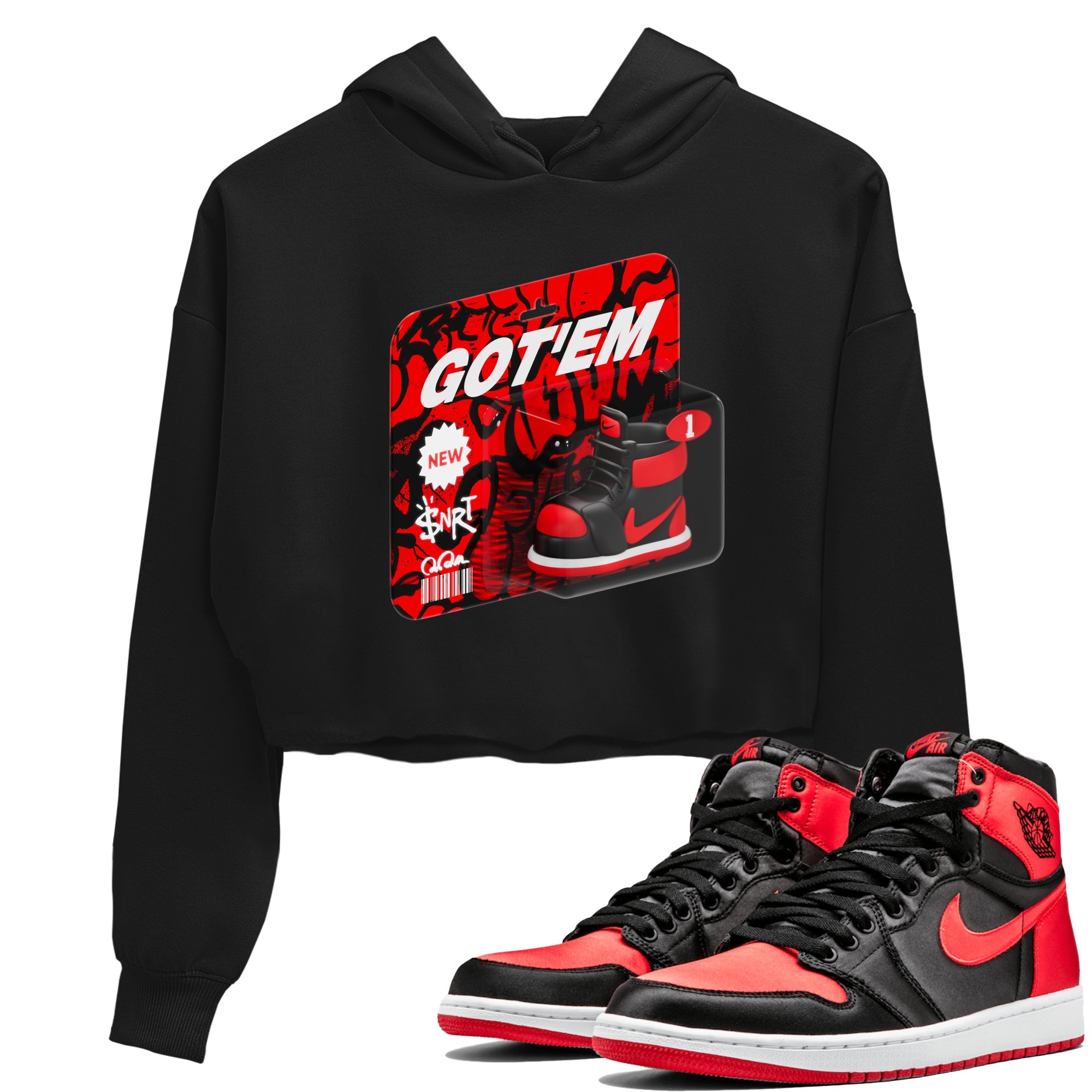 Air Jordan 1 Satin Bred shirt to match jordans Vintage Toy Packaging sneaker tees AJ1 Satin Bred Drip Gear Zone Black 1 Crop T-Shirt