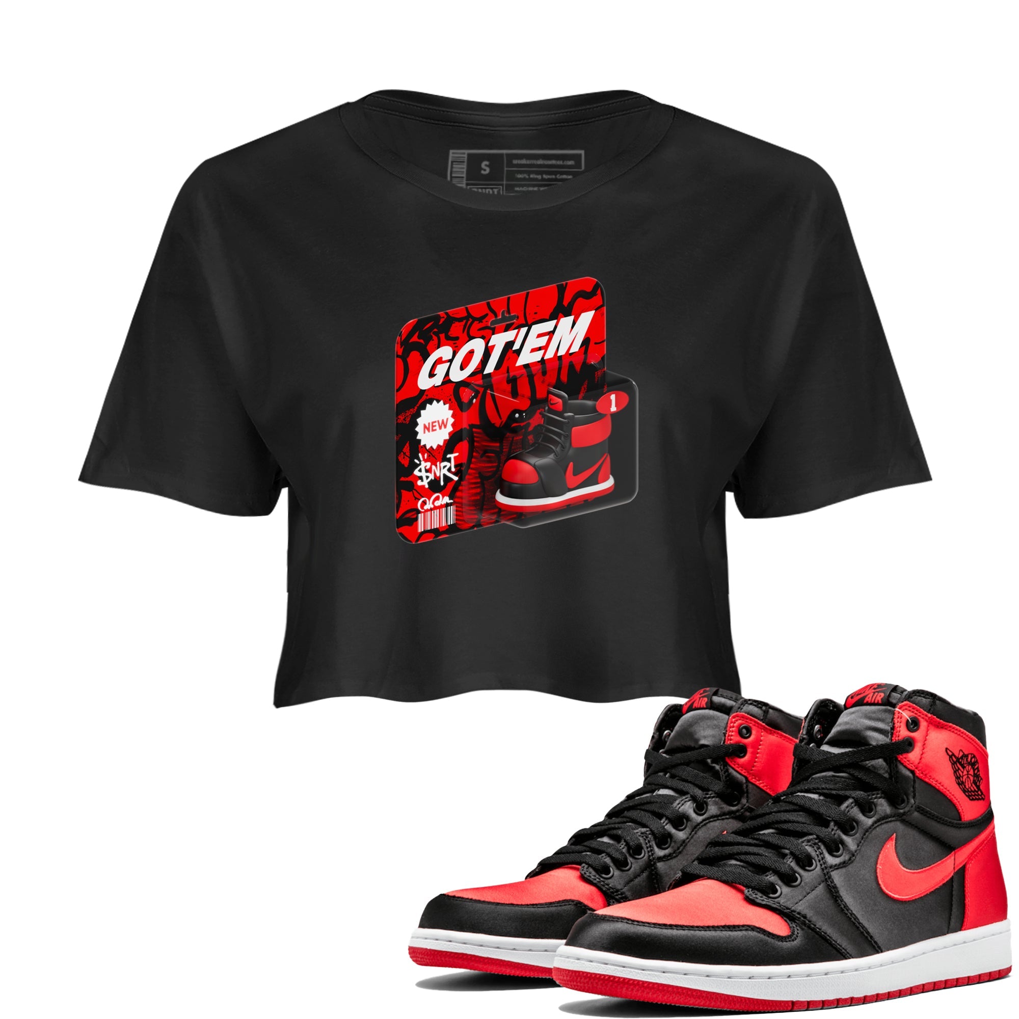 Air Jordan 1 Satin Bred shirt to match jordans Vintage Toy Packaging sneaker tees AJ1 Satin Bred Drip Gear Zone Black 1 Crop T-Shirt
