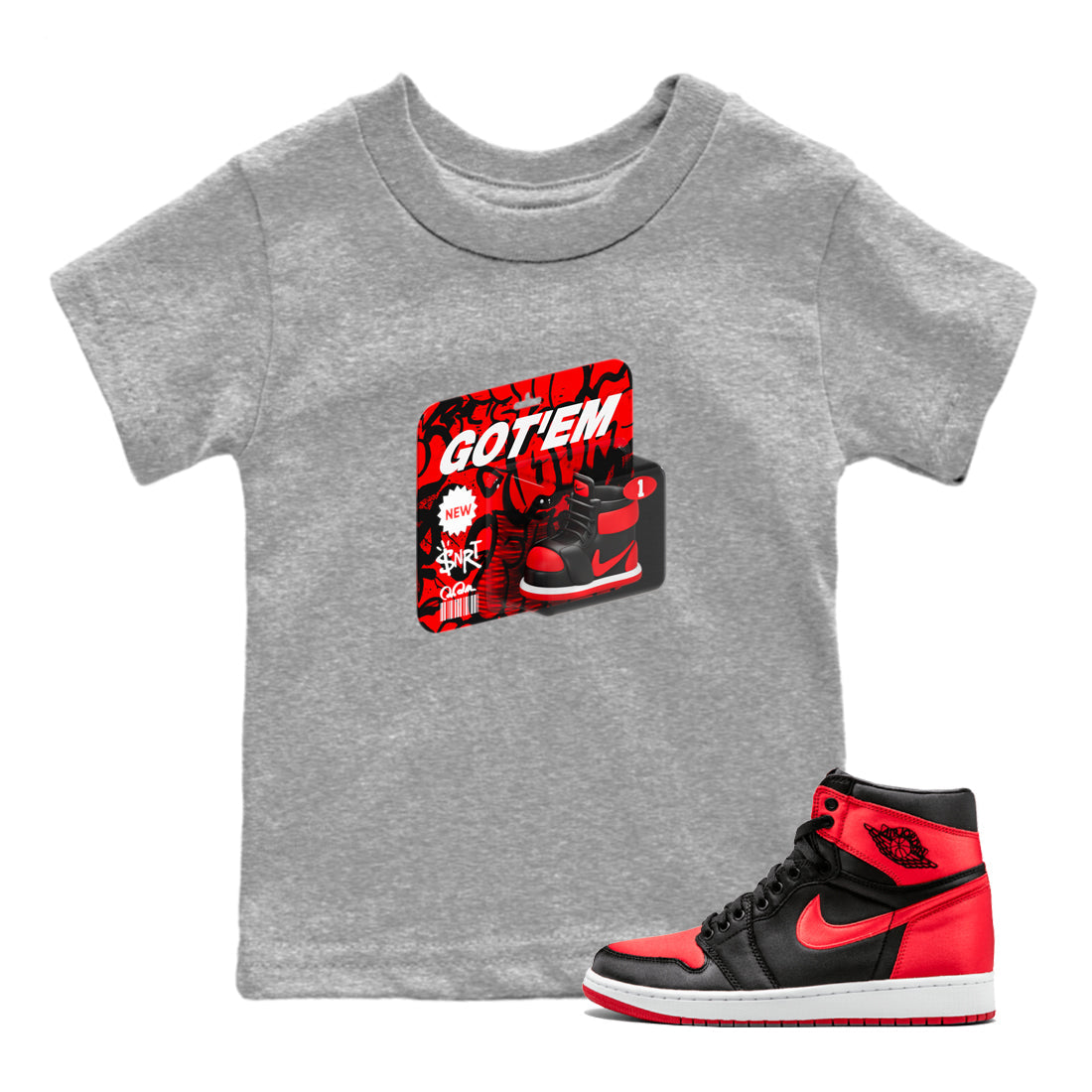 Air Jordan 1 Satin Bred shirt to match jordans Vintage Toy Packaging sneaker tees AJ1 Satin Bred Drip Gear Zone Baby Toddler Heather Grey 1 T-Shirt