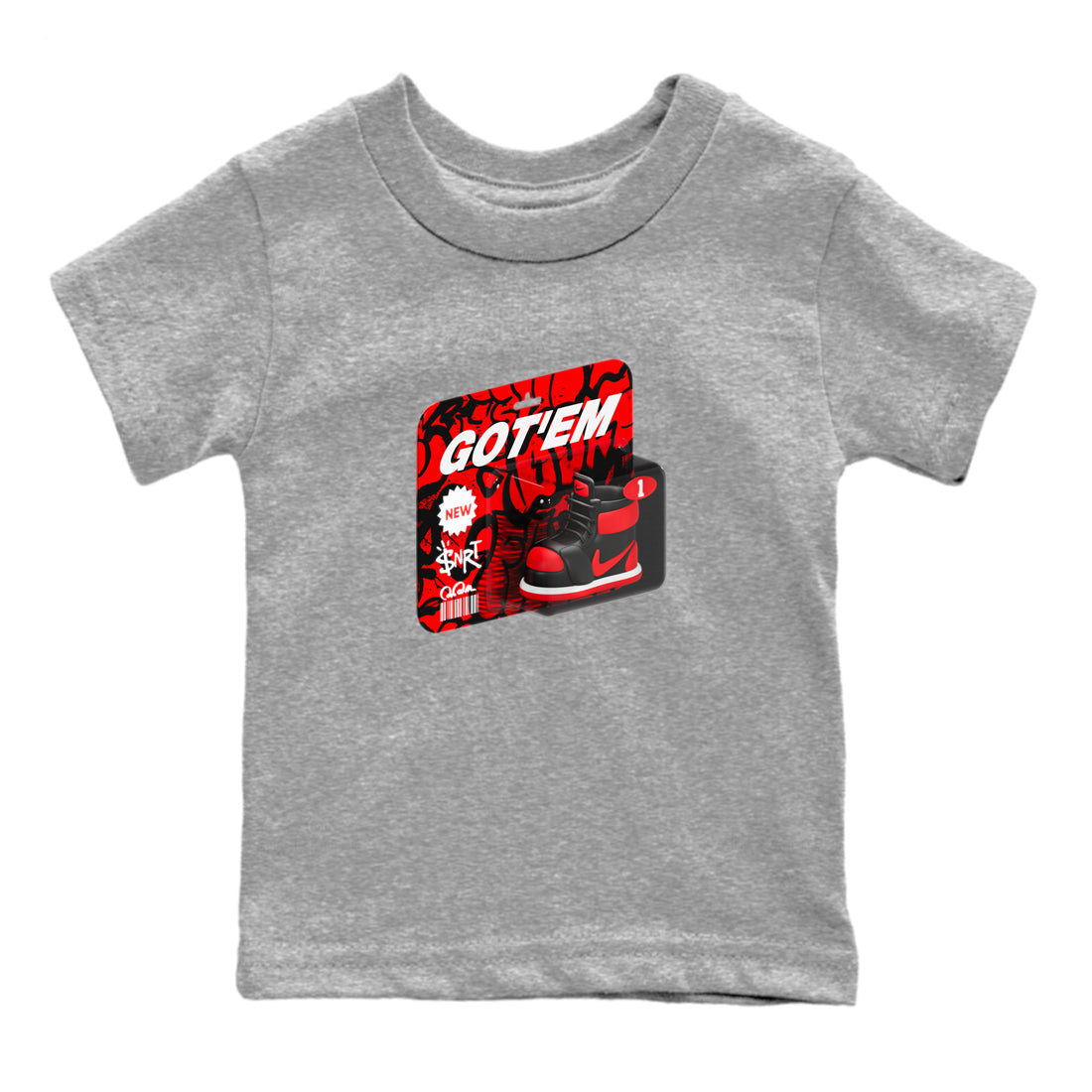 Air Jordan 1 Satin Bred shirt to match jordans Vintage Toy Packaging sneaker tees AJ1 Satin Bred Drip Gear Zone Baby Toddler Heather Grey 2 T-Shirt