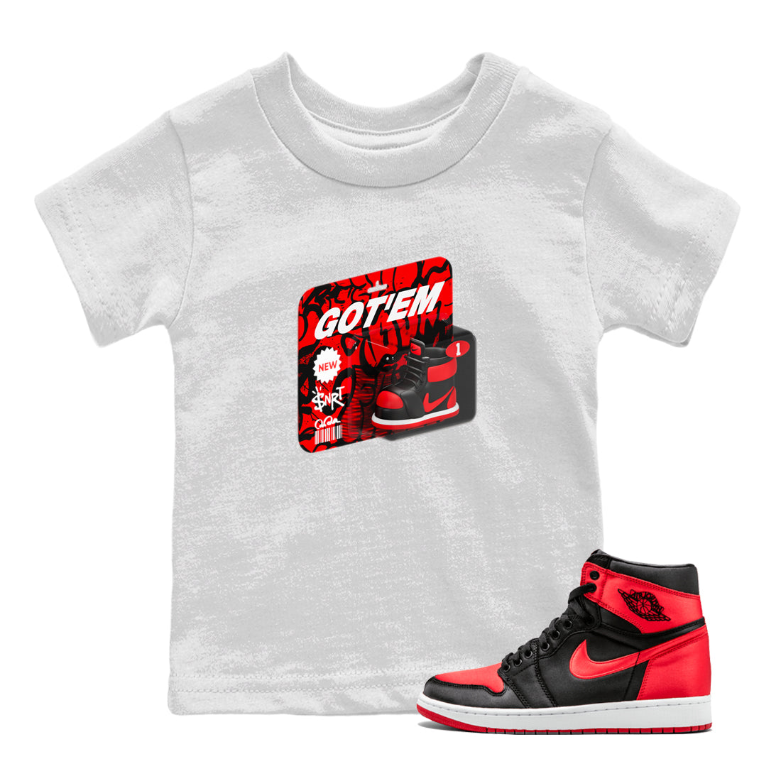Air Jordan 1 Satin Bred shirt to match jordans Vintage Toy Packaging sneaker tees AJ1 Satin Bred Drip Gear Zone Baby Toddler White 1 T-Shirt