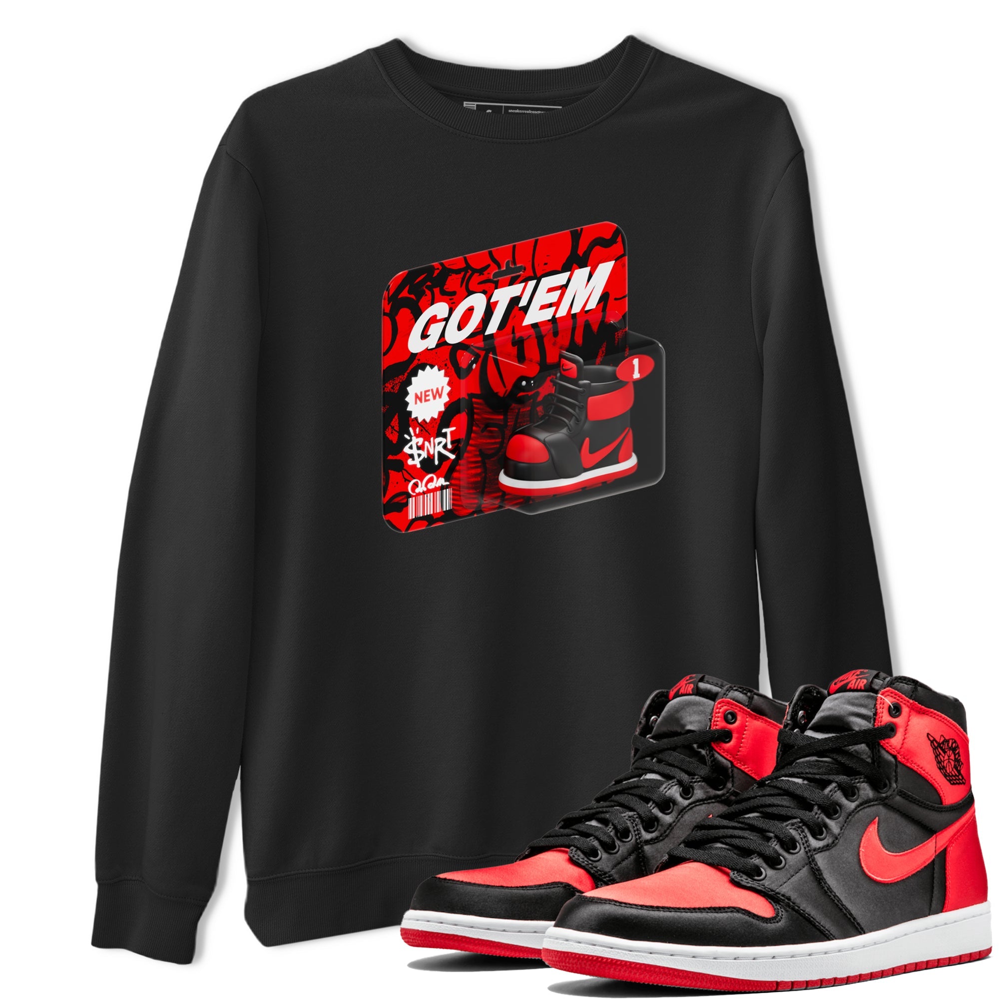 Air Jordan 1 Satin Bred shirt to match jordans Vintage Toy Packaging sneaker tees AJ1 Satin Bred Drip Gear Zone Unisex Black 1 T-Shirt