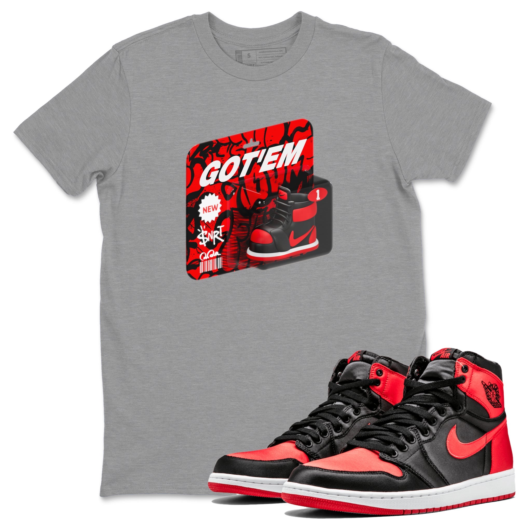 Air Jordan 1 Satin Bred shirt to match jordans Vintage Toy Packaging sneaker tees AJ1 Satin Bred Drip Gear Zone Unisex Heather Grey 1 T-Shirt