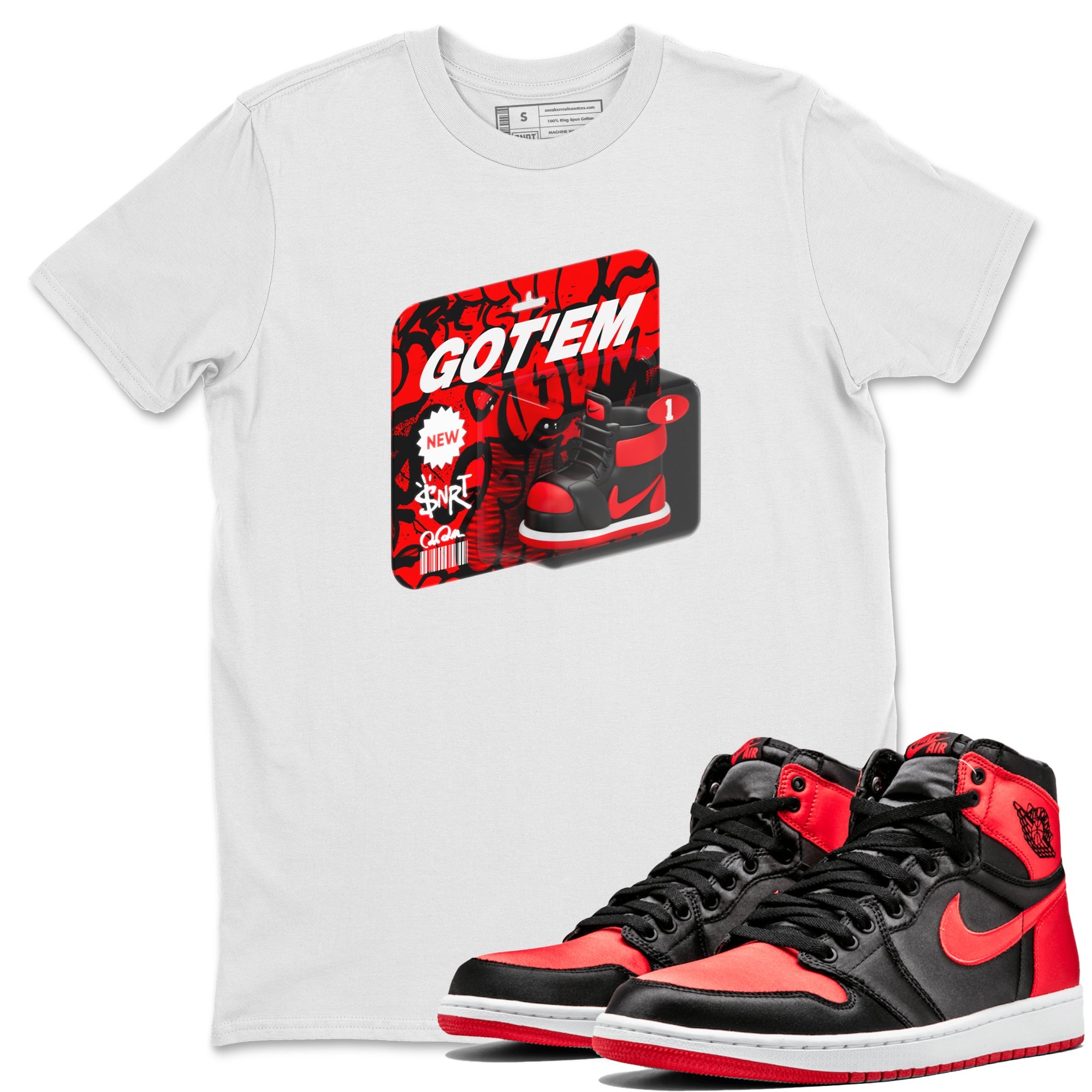 Air Jordan 1 Satin Bred shirt to match jordans Vintage Toy Packaging sneaker tees AJ1 Satin Bred Drip Gear Zone Unisex White 1 T-Shirt