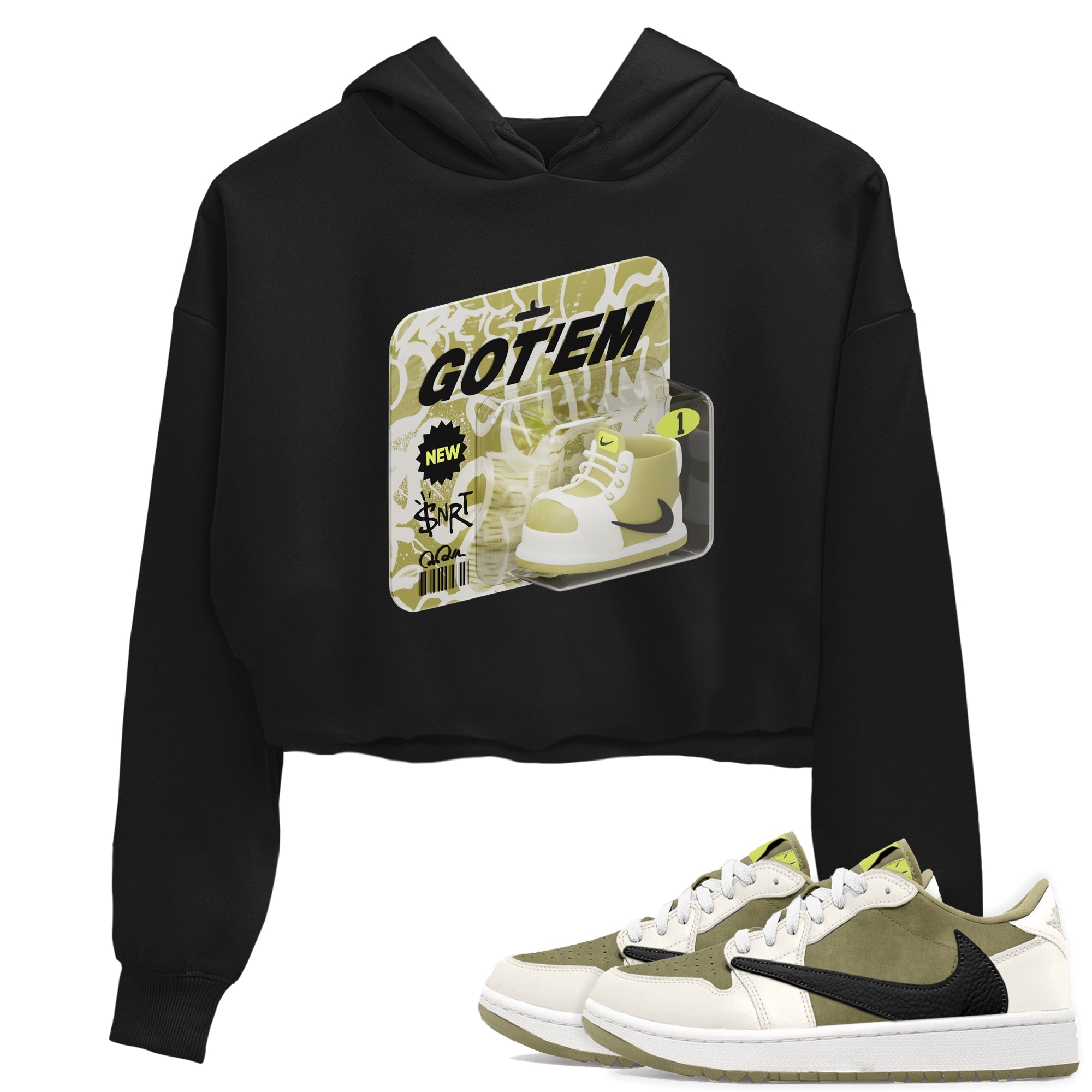 Air Jordan 1 Travis Scott Golf Olive shirt to match jordans Vintage Toy Packaging sneaker tees AJ1 Travis Scott Golf Olive Drip Gear Zone Black 1 Crop T-Shirt