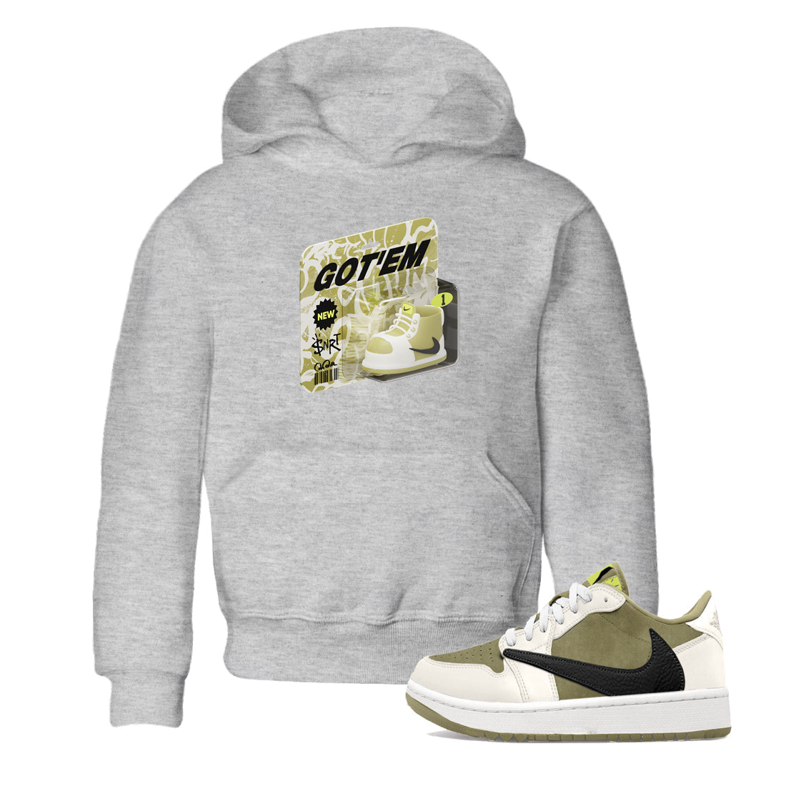 Air Jordan 1 Travis Scott Golf Olive shirt to match jordans Vintage Toy Packaging sneaker tees AJ1 Travis Scott Golf Olive Drip Gear Zone Baby Toddler Heather Grey 1 T-Shirt