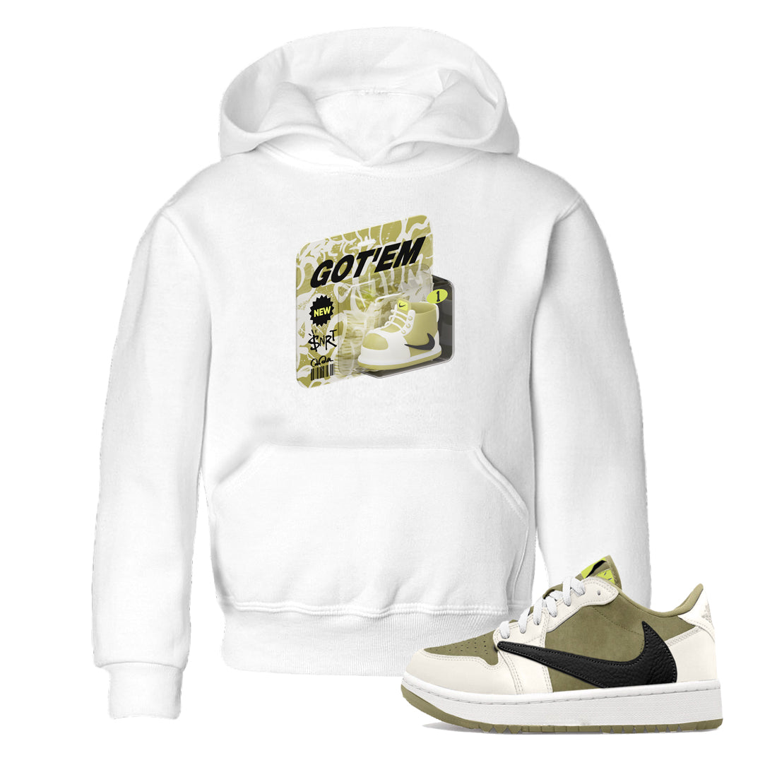 Air Jordan 1 Travis Scott Golf Olive shirt to match jordans Vintage Toy Packaging sneaker tees AJ1 Travis Scott Golf Olive Drip Gear Zone Baby Toddler White 1 T-Shirt