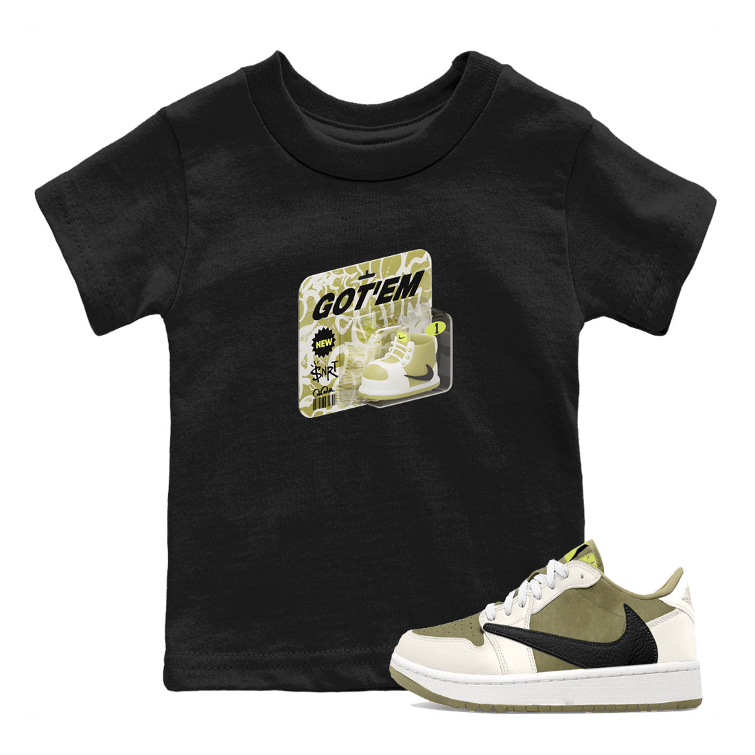 Air Jordan 1 Travis Scott Golf Olive shirt to match jordans Vintage Toy Packaging sneaker tees AJ1 Travis Scott Golf Olive Drip Gear Zone Baby Toddler Black 1 T-Shirt