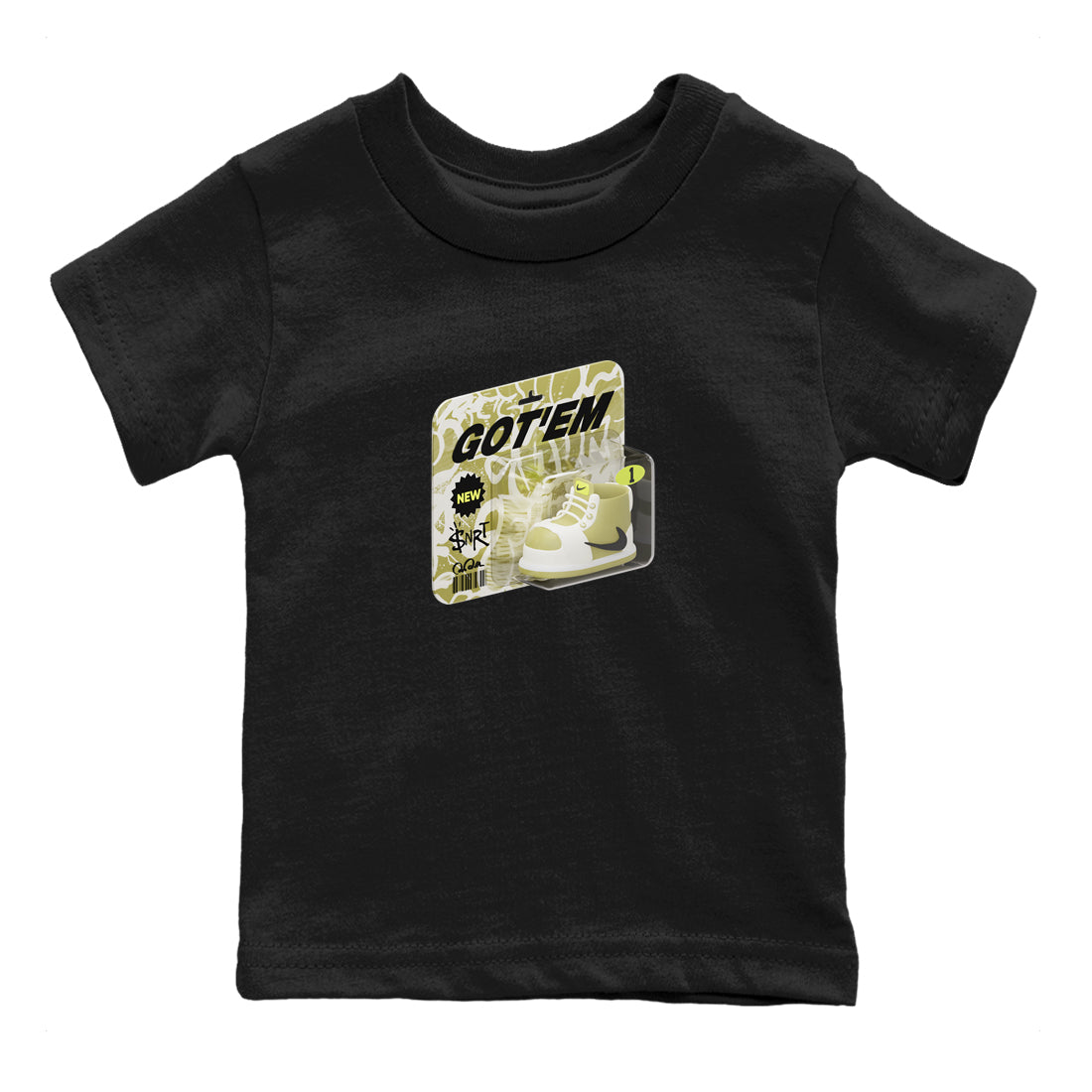 Air Jordan 1 Travis Scott Golf Olive shirt to match jordans Vintage Toy Packaging sneaker tees AJ1 Travis Scott Golf Olive Drip Gear Zone Baby Toddler Black 2 T-Shirt