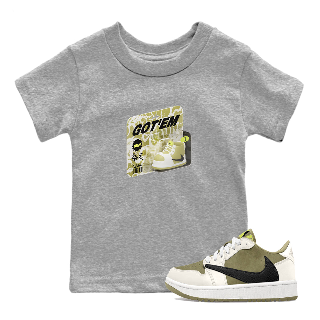 Air Jordan 1 Travis Scott Golf Olive shirt to match jordans Vintage Toy Packaging sneaker tees AJ1 Travis Scott Golf Olive Drip Gear Zone Baby Toddler Heather Grey 1 T-Shirt