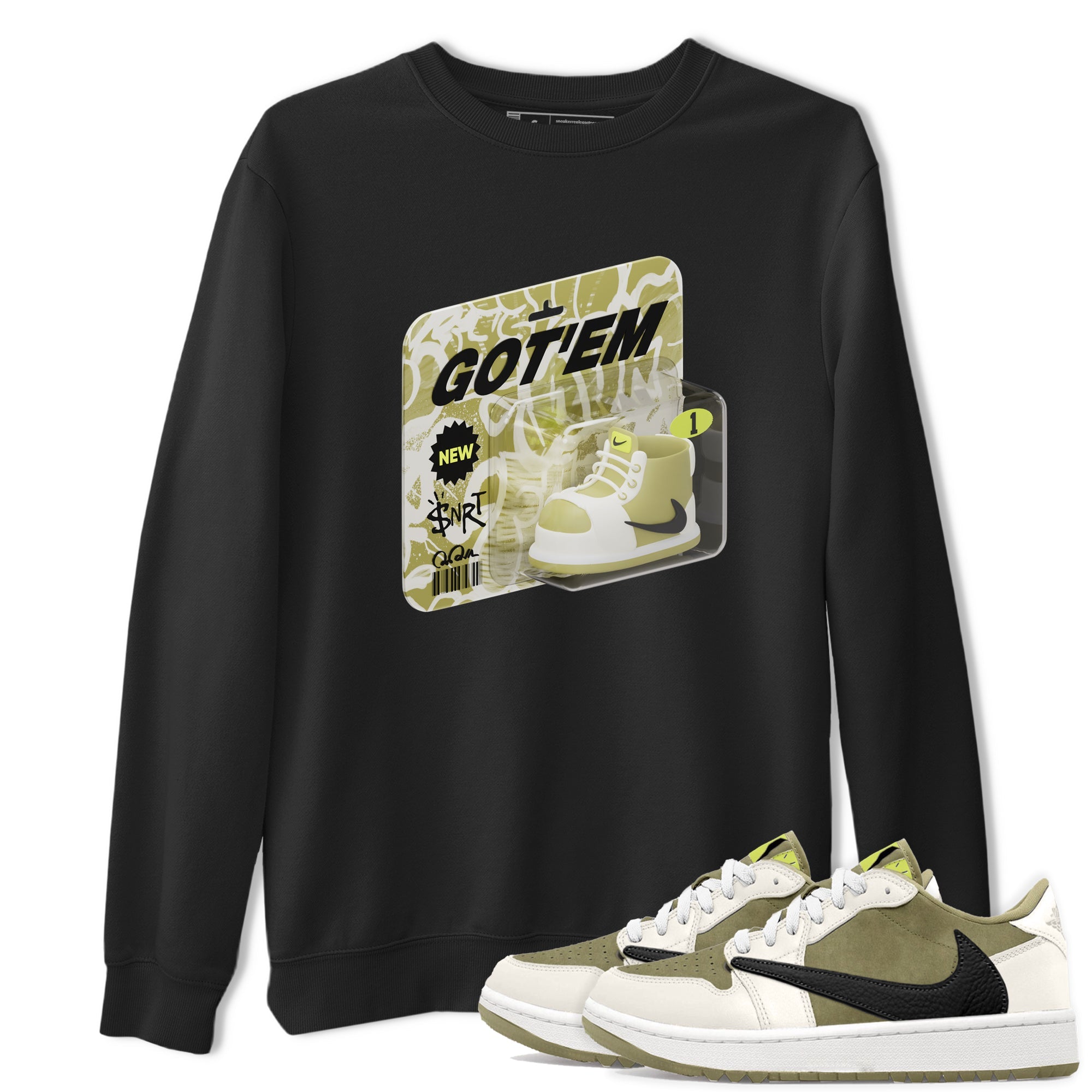Air Jordan 1 Travis Scott Golf Olive shirt to match jordans Vintage Toy Packaging sneaker tees AJ1 Travis Scott Golf Olive Drip Gear Zone Unisex Black 1 T-Shirt