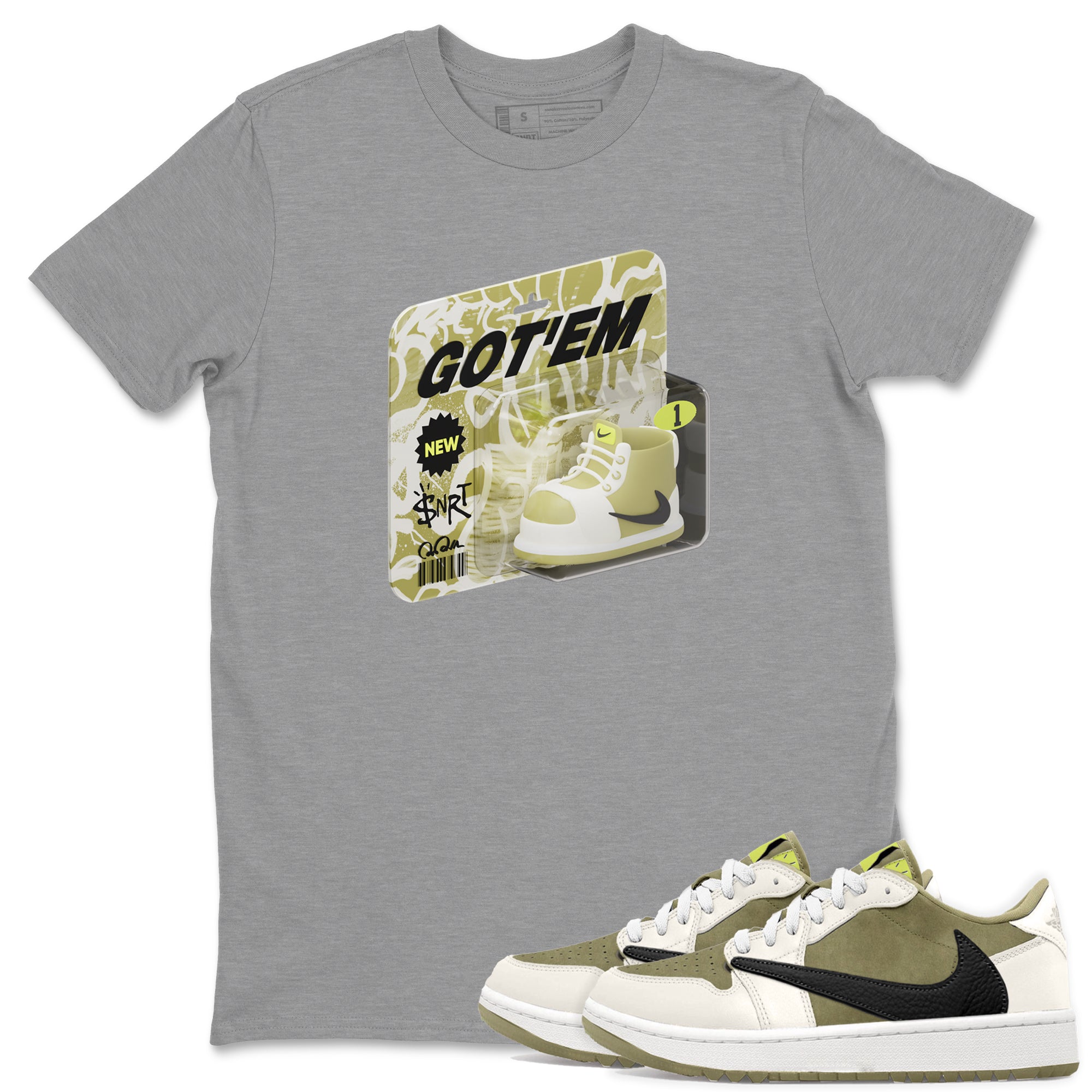 Air Jordan 1 Travis Scott Golf Olive shirt to match jordans Vintage Toy Packaging sneaker tees AJ1 Travis Scott Golf Olive Drip Gear Zone Unisex Heather Grey 1 T-Shirt