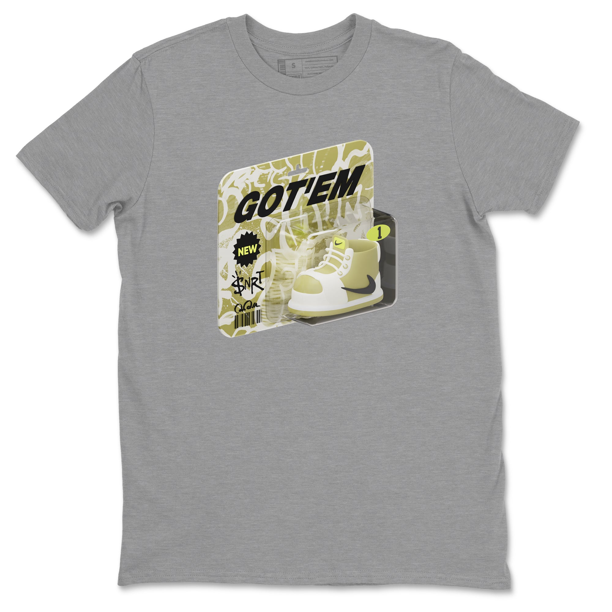 Air Jordan 1 Travis Scott Golf Olive shirt to match jordans Vintage Toy Packaging sneaker tees AJ1 Travis Scott Golf Olive Drip Gear Zone Unisex Heather Grey 2 T-Shirt
