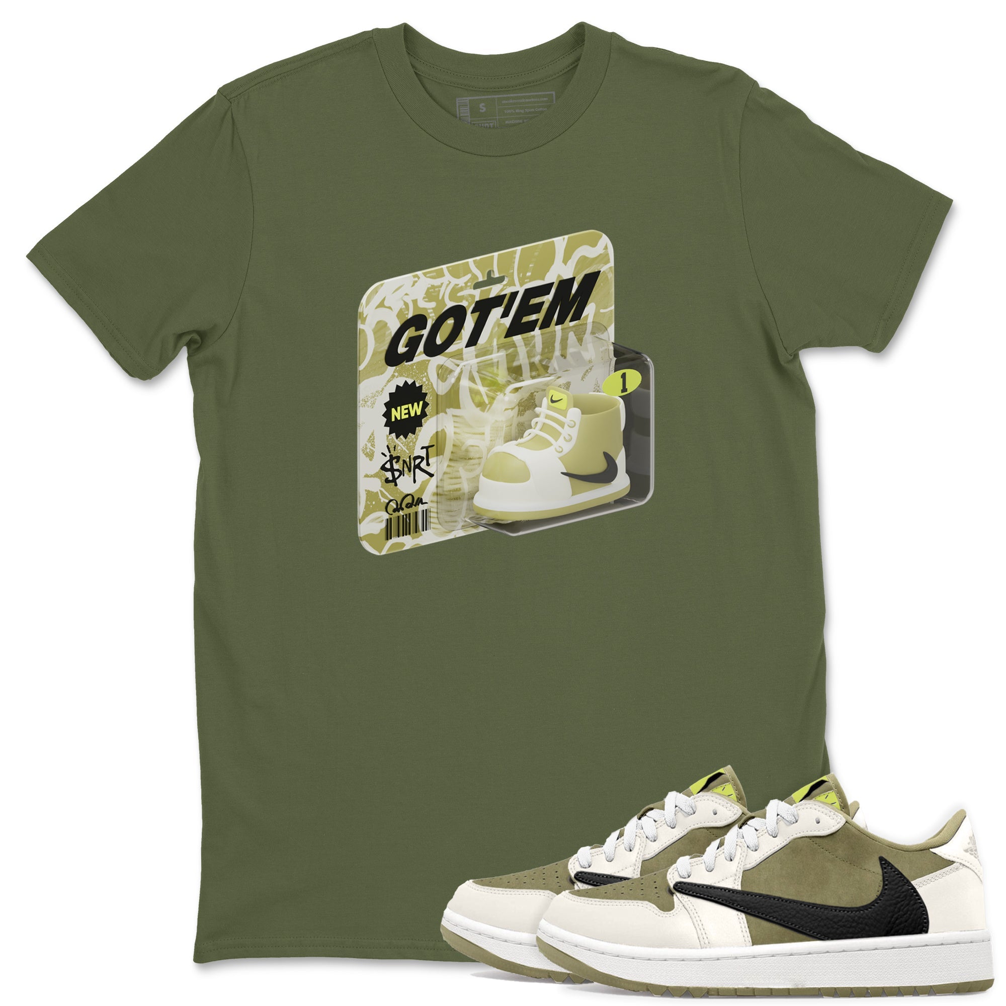 Air Jordan 1 Travis Scott Golf Olive shirt to match jordans Vintage Toy Packaging sneaker tees AJ1 Travis Scott Golf Olive Drip Gear Zone Unisex Military Green 1 T-Shirt