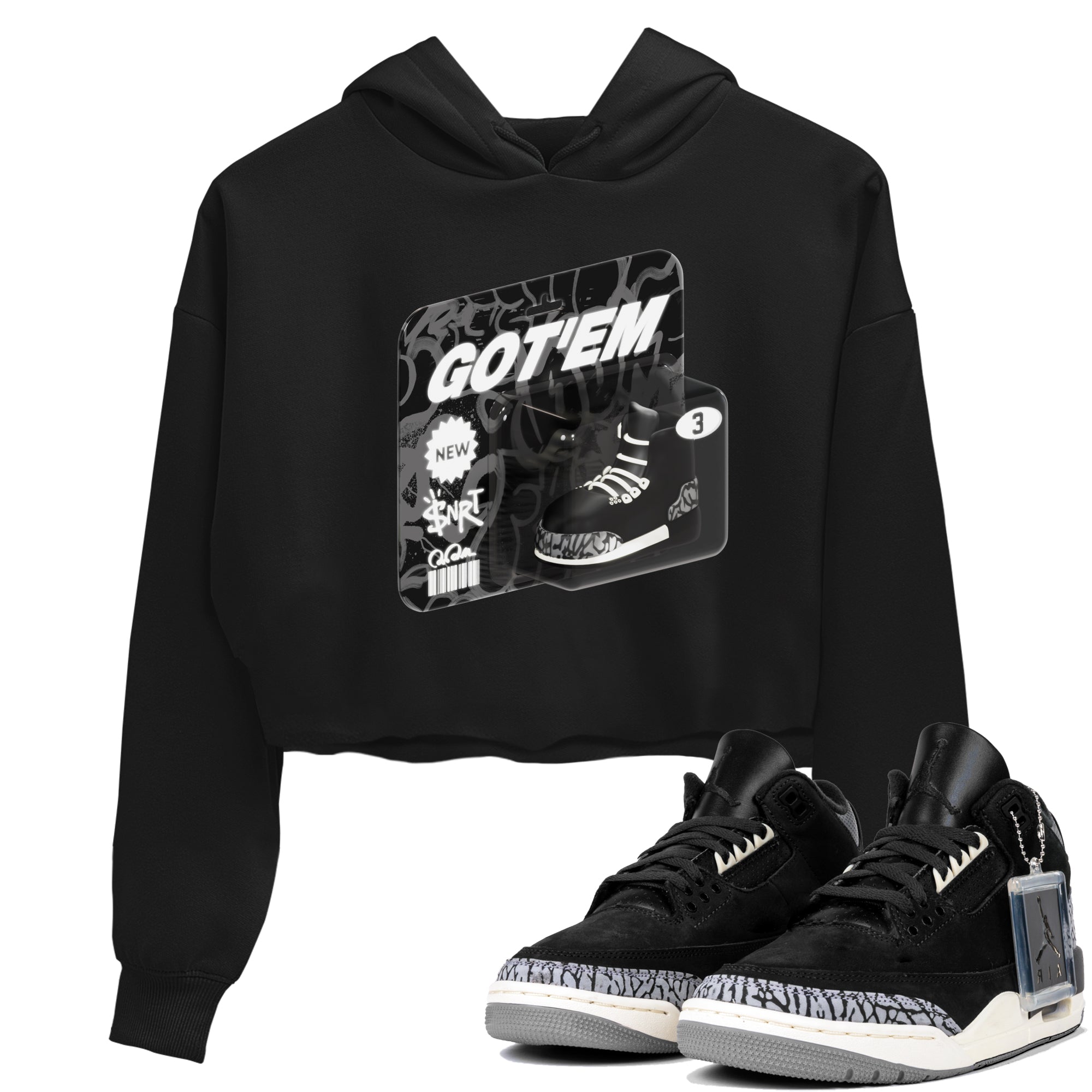 Air Jordan 3 Off Noir shirt to match jordans Vintage Toy Packaging sneaker tees AJ3 Off Noir Drip Gear Zone Black 1 Crop T-Shirt