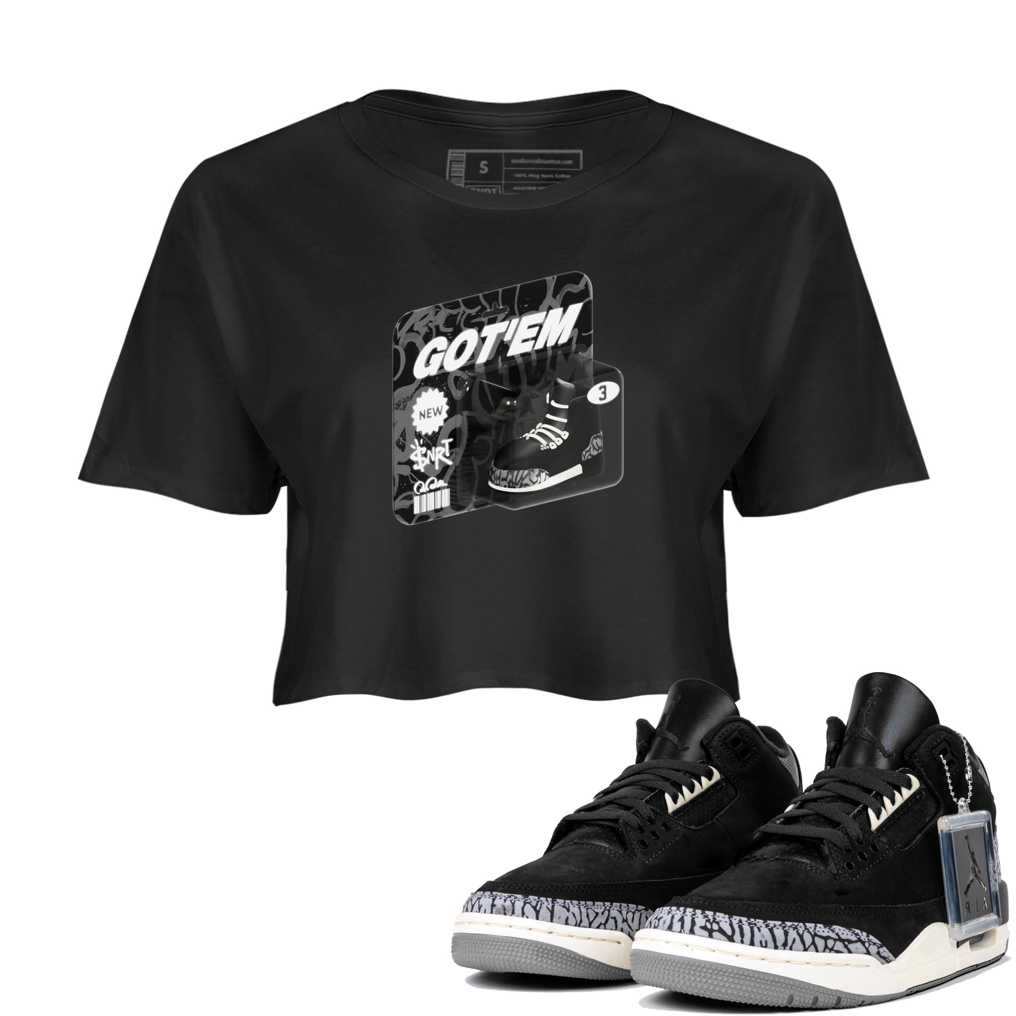 Air Jordan 3 Off Noir shirt to match jordans Vintage Toy Packaging sneaker tees AJ3 Off Noir Drip Gear Zone Black 1 Crop T-Shirt