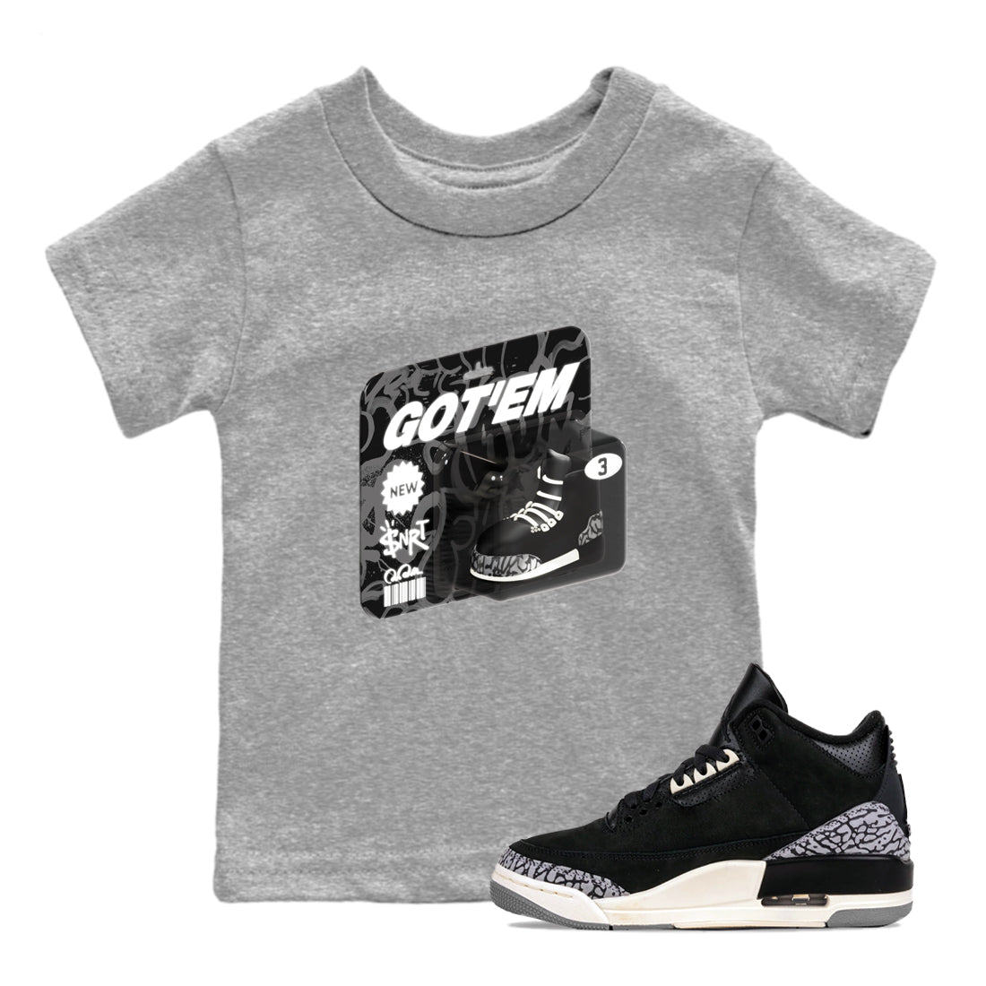 Air Jordan 3 Off Noir shirt to match jordans Vintage Toy Packaging sneaker tees AJ3 Off Noir Drip Gear Zone Baby Toddler Heather Grey 1 T-Shirt