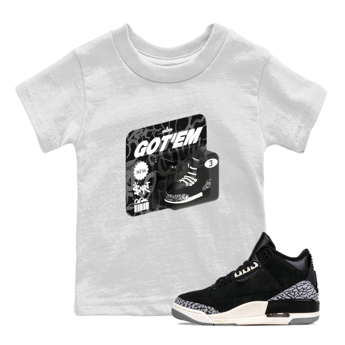 Air Jordan 3 Off Noir shirt to match jordans Vintage Toy Packaging sneaker tees AJ3 Off Noir Drip Gear Zone Baby Toddler White 1 T-Shirt