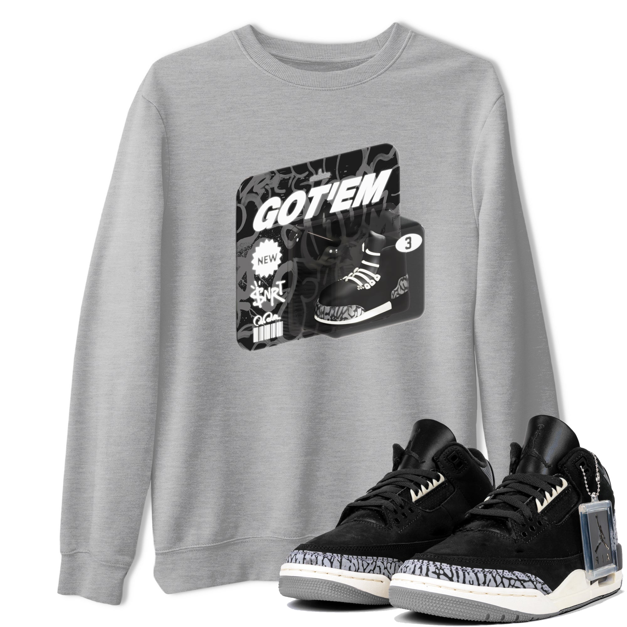 Air Jordan 3 Off Noir shirt to match jordans Vintage Toy Packaging sneaker tees AJ3 Off Noir Drip Gear Zone Unisex Heather Grey 1 T-Shirt