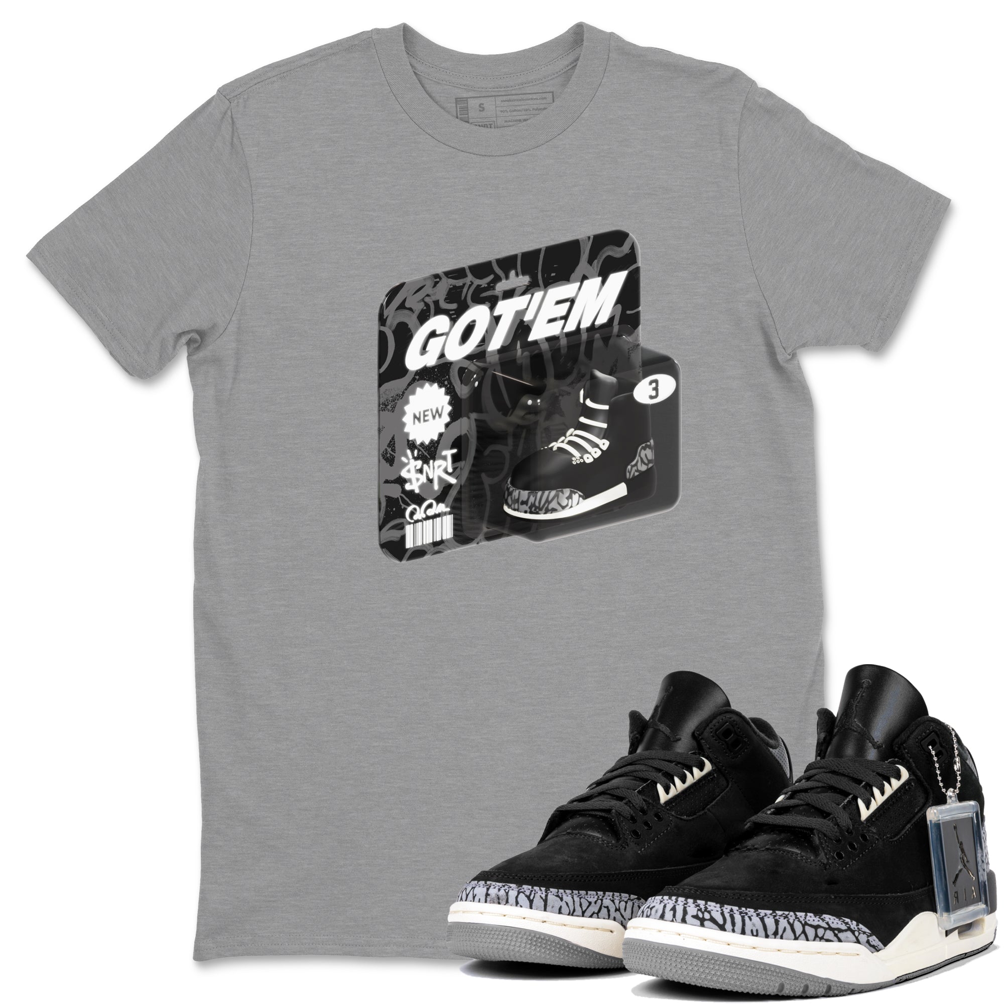 Air Jordan 3 Off Noir shirt to match jordans Vintage Toy Packaging sneaker tees AJ3 Off Noir Drip Gear Zone Unisex Heather Grey 1 T-Shirt