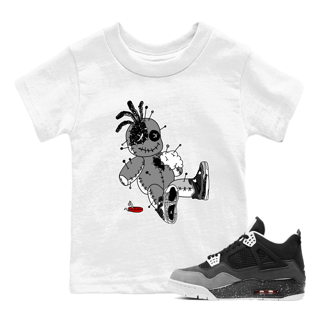 AJ4 Fear t shirts to match sneakers Voodoo Doll sneaker match tees Air Jordan 4 Fear tee Drip Gear Zone Youth Baby White 1 tee