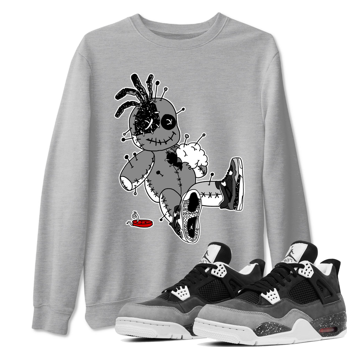 AJ4 Fear t shirts to match sneakers Voodoo Doll sneaker match tees Air Jordan 4 Fear tee Drip Gear Zone unisex cotton Heather Grey 1 shirts