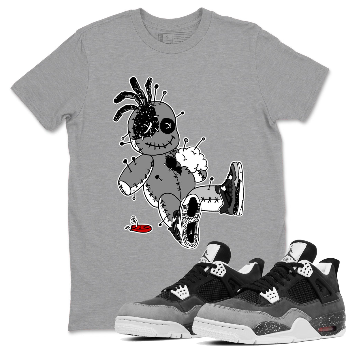 AJ4 Fear t shirts to match sneakers Voodoo Doll sneaker match tees Air Jordan 4 Fear tee Drip Gear Zone unisex cotton Heather Grey 1 shirts