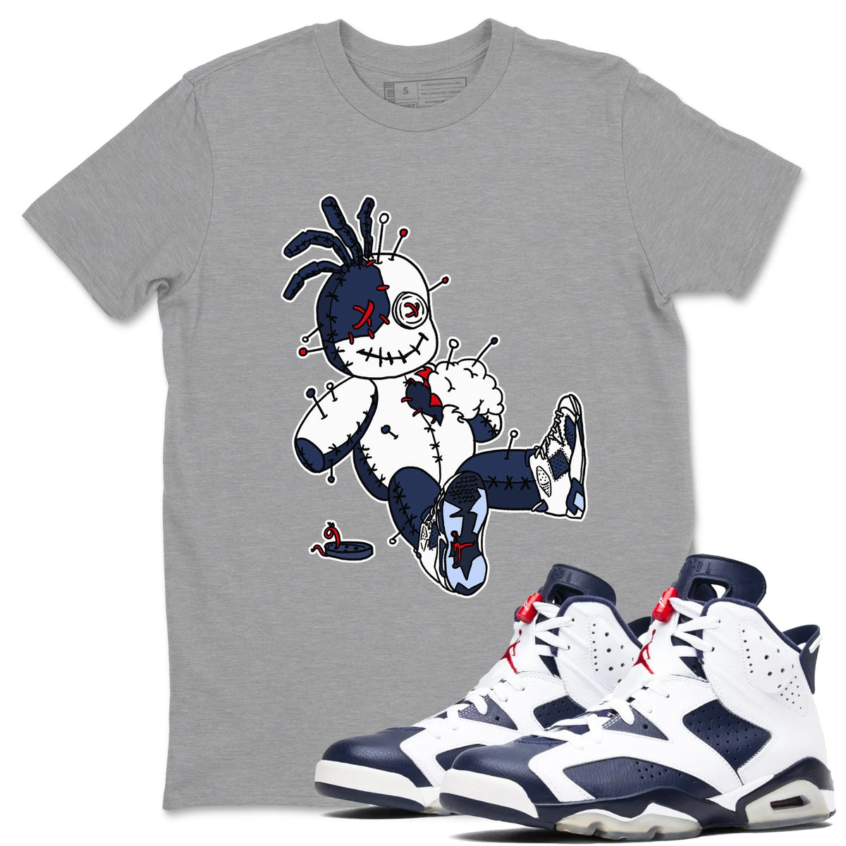 6s Olympic shirts to match jordans Voodoo Doll sneaker match tees Air Jordan 6 Olympic Drip Gear Zone streetwear brand Heather Grey 1 unisex cotton tee