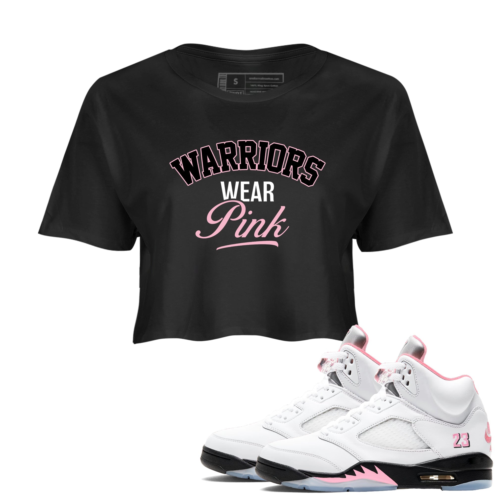 Sneaker Threads  Sneaker Tees To Match Air Jordan 5 Medium Soft Pink  Warriors Wear Pink Crop Tee Black 1. Perfect for Jordan releases 2025 colorways.