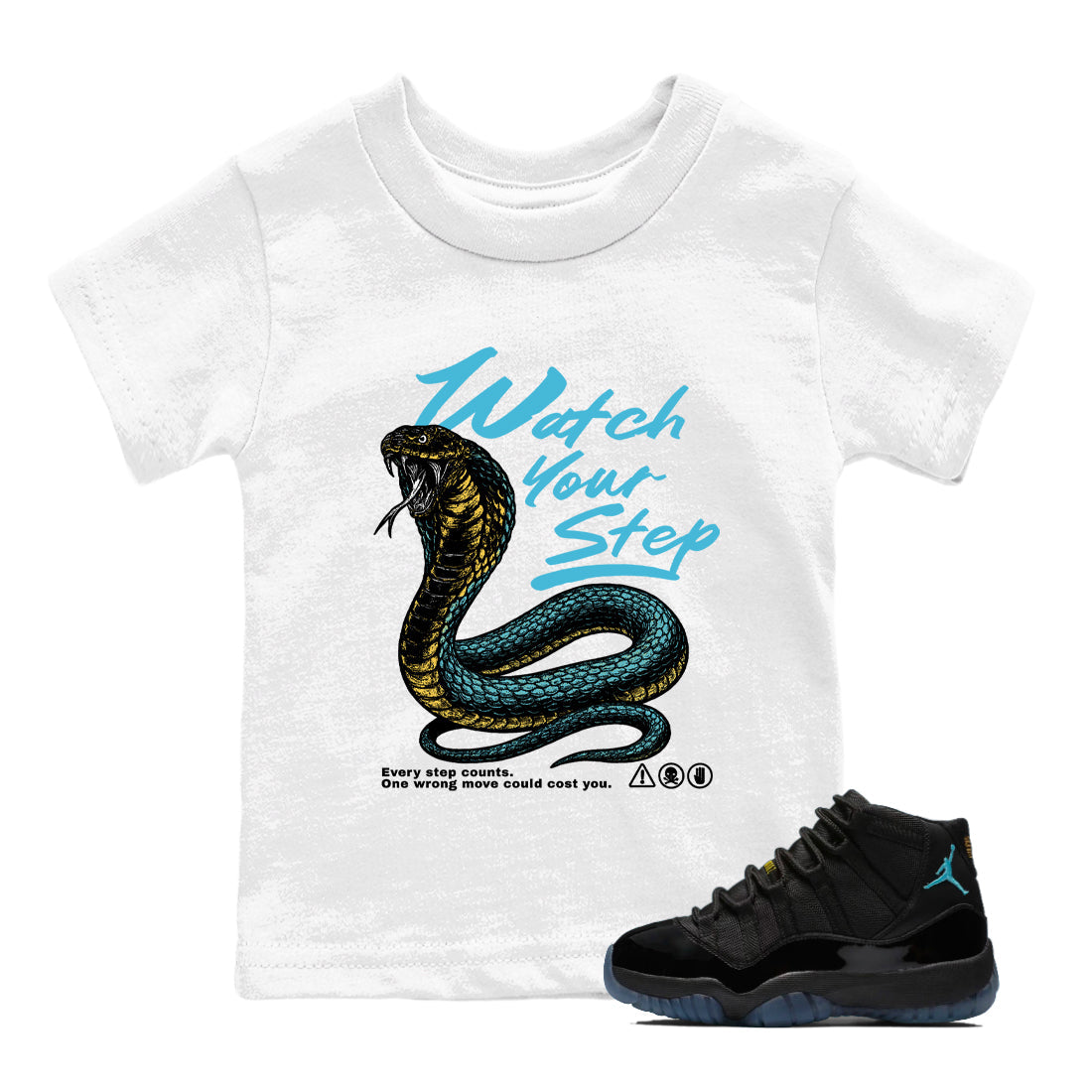 Sneaker Threads  Sneaker Tees To Match Air Jordan 11 Retro Gamma  Watch Your Step Youth Graphic Tee White 1. Perfect for Jordan releases 2025 colorways.
