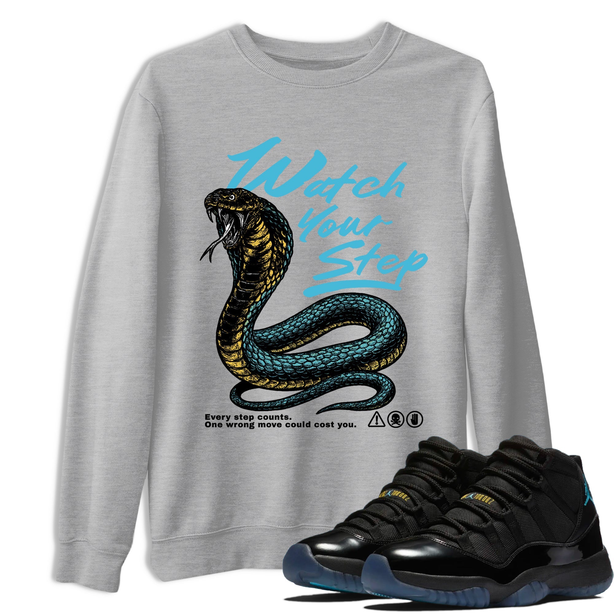 Sneaker Threads  Sneaker Tees To Match Air Jordan 11 Retro Gamma  Watch Your Step Graphic Tee Heather Grey 1. Perfect for Jordan releases 2025 colorways.
