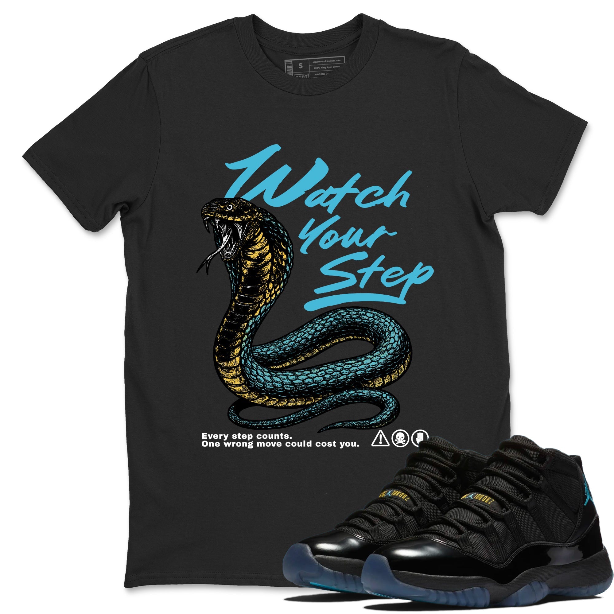 Sneaker Threads  Sneaker Tees To Match Air Jordan 11 Retro Gamma  Watch Your Step Graphic Tee Black 1. Perfect for Jordan releases 2025 colorways.