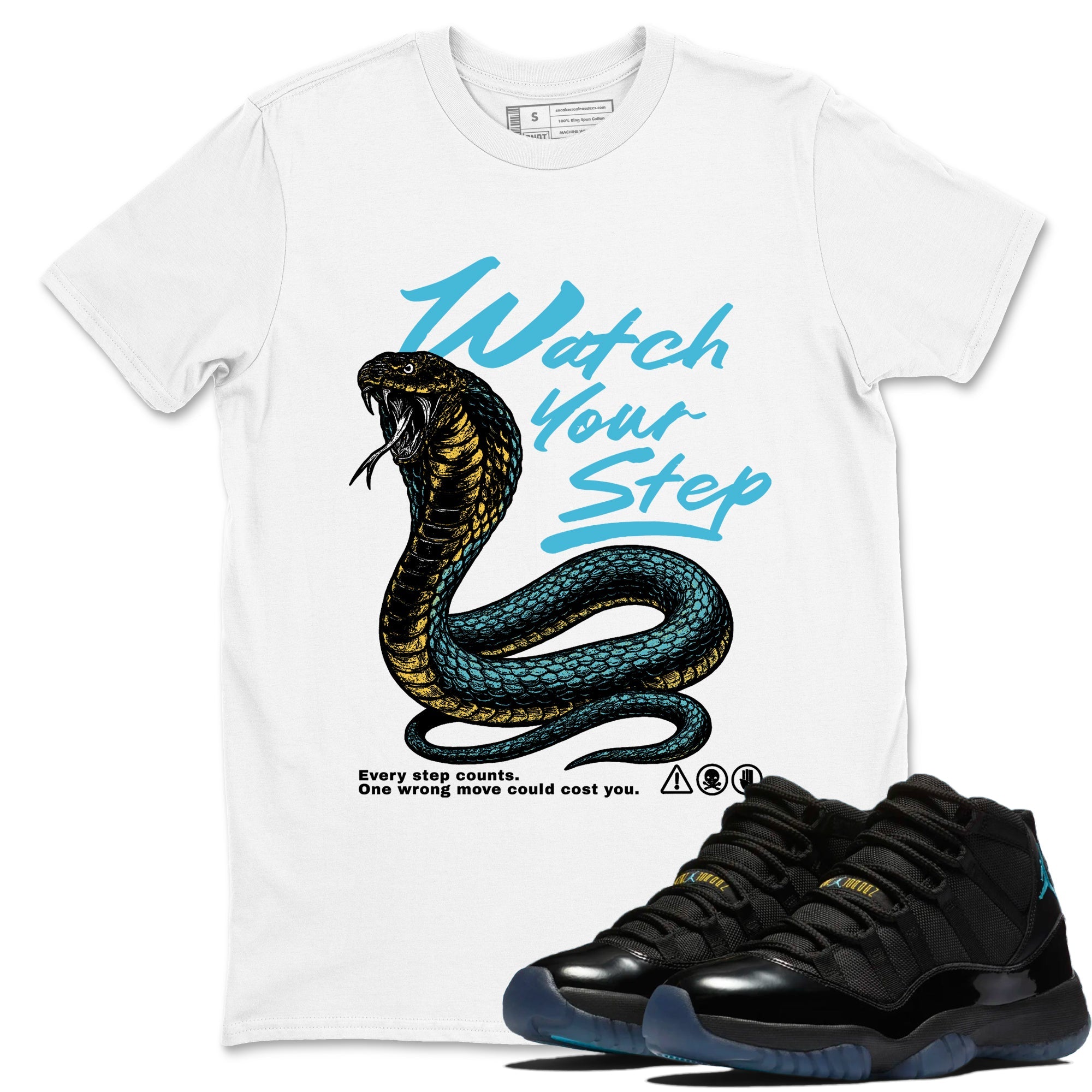 Sneaker Threads  Sneaker Tees To Match Air Jordan 11 Retro Gamma  Watch Your Step Graphic Tee White 1. Perfect for Jordan releases 2025 colorways.