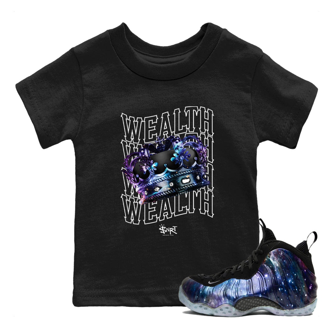 Foams One Galaxy shirts to match jordans Wealth sneaker match tees Air Foamposite One Galaxy match shoes to clothes Drip Gear Zone Youth Baby Black 1 tee