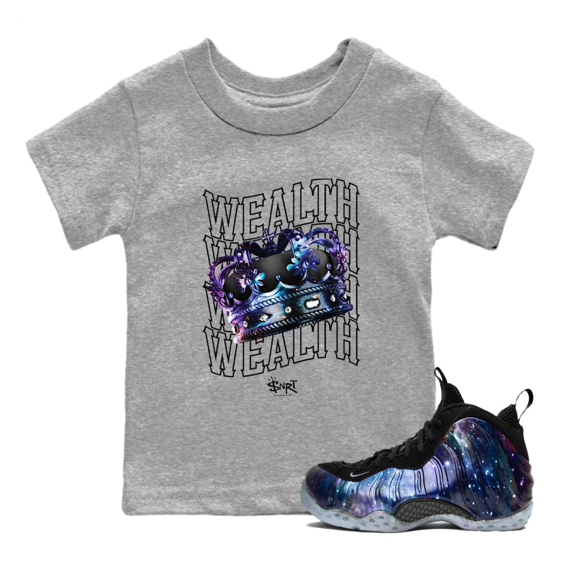 Foams One Galaxy shirts to match jordans Wealth sneaker match tees Air Foamposite One Galaxy match shoes to clothes Drip Gear Zone Youth Baby Heather Grey 1 tee