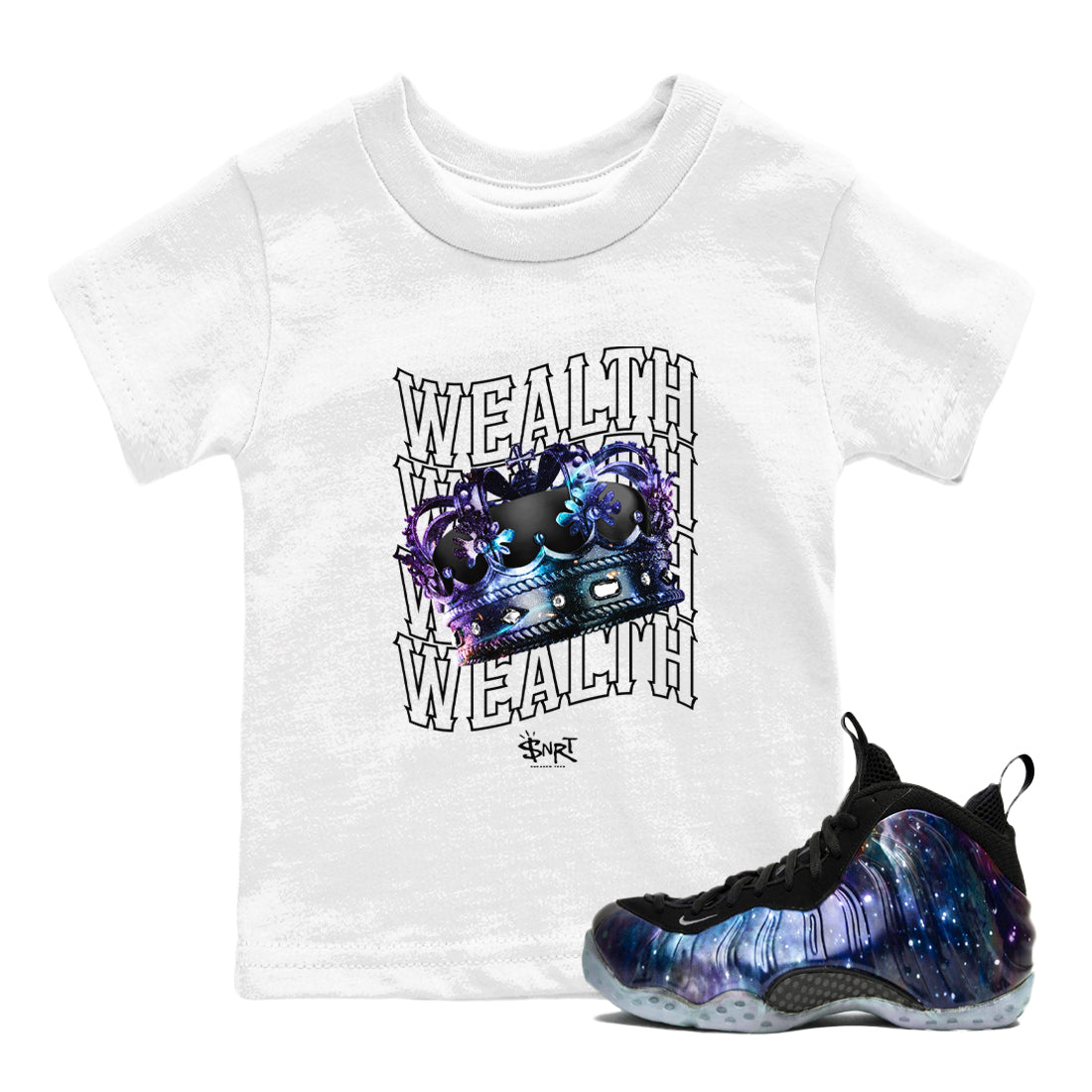 Foams One Galaxy shirts to match jordans Wealth sneaker match tees Air Foamposite One Galaxy match shoes to clothes Drip Gear Zone Youth Baby White 1 tee