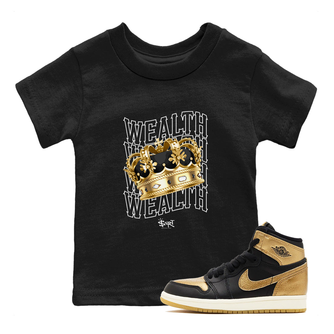 Air Jordan 1 High OG Black Metallic Gold shirts to match jordans Wealth sneaker match tees Jordan 1 Black Metallic Gold Drip Gear Zone streetwear brand Baby and Youth Black 1 cotton tee
