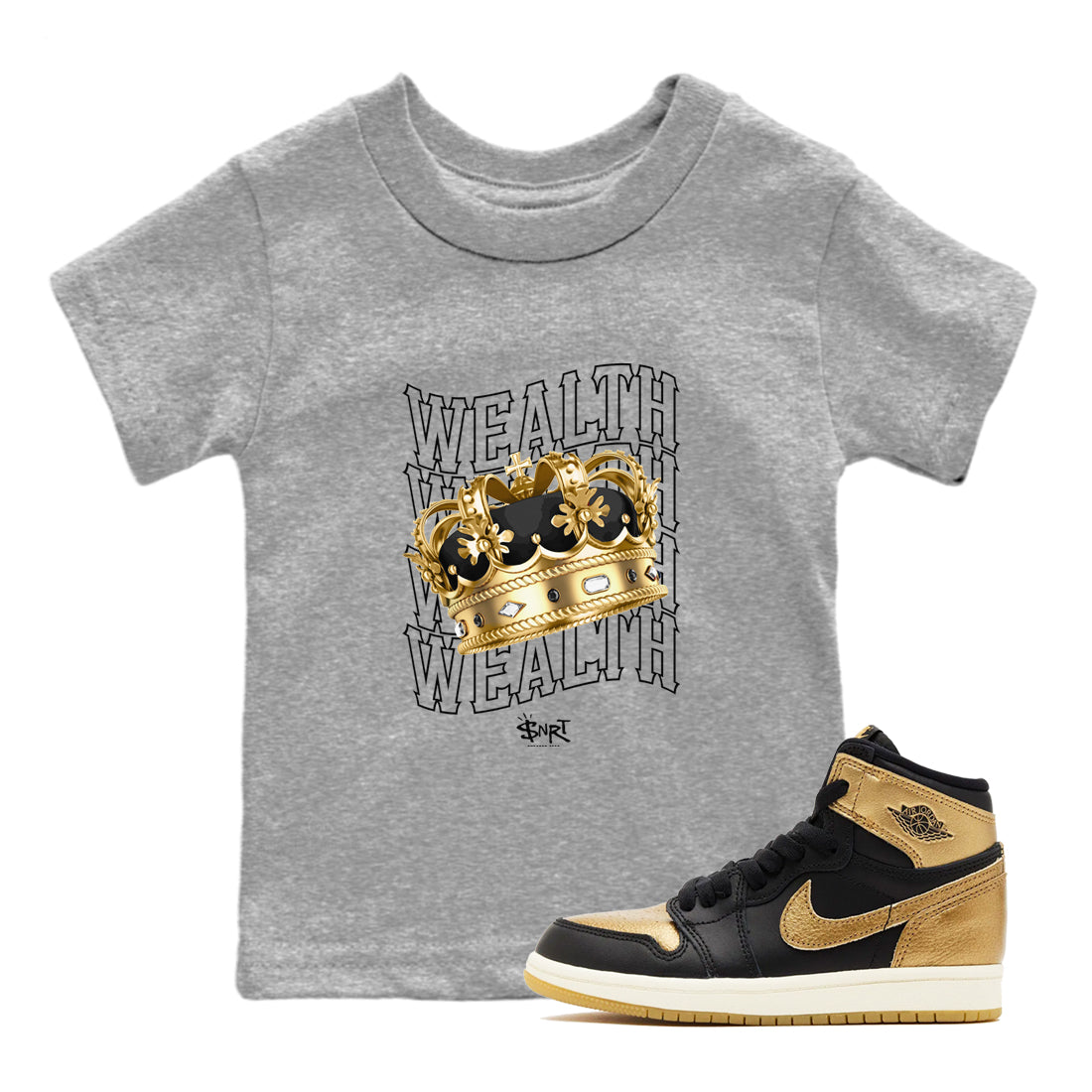 Air Jordan 1 High OG Black Metallic Gold shirts to match jordans Wealth sneaker match tees Jordan 1 Black Metallic Gold Drip Gear Zone streetwear brand Baby and Youth Heather Grey 1 cotton tee