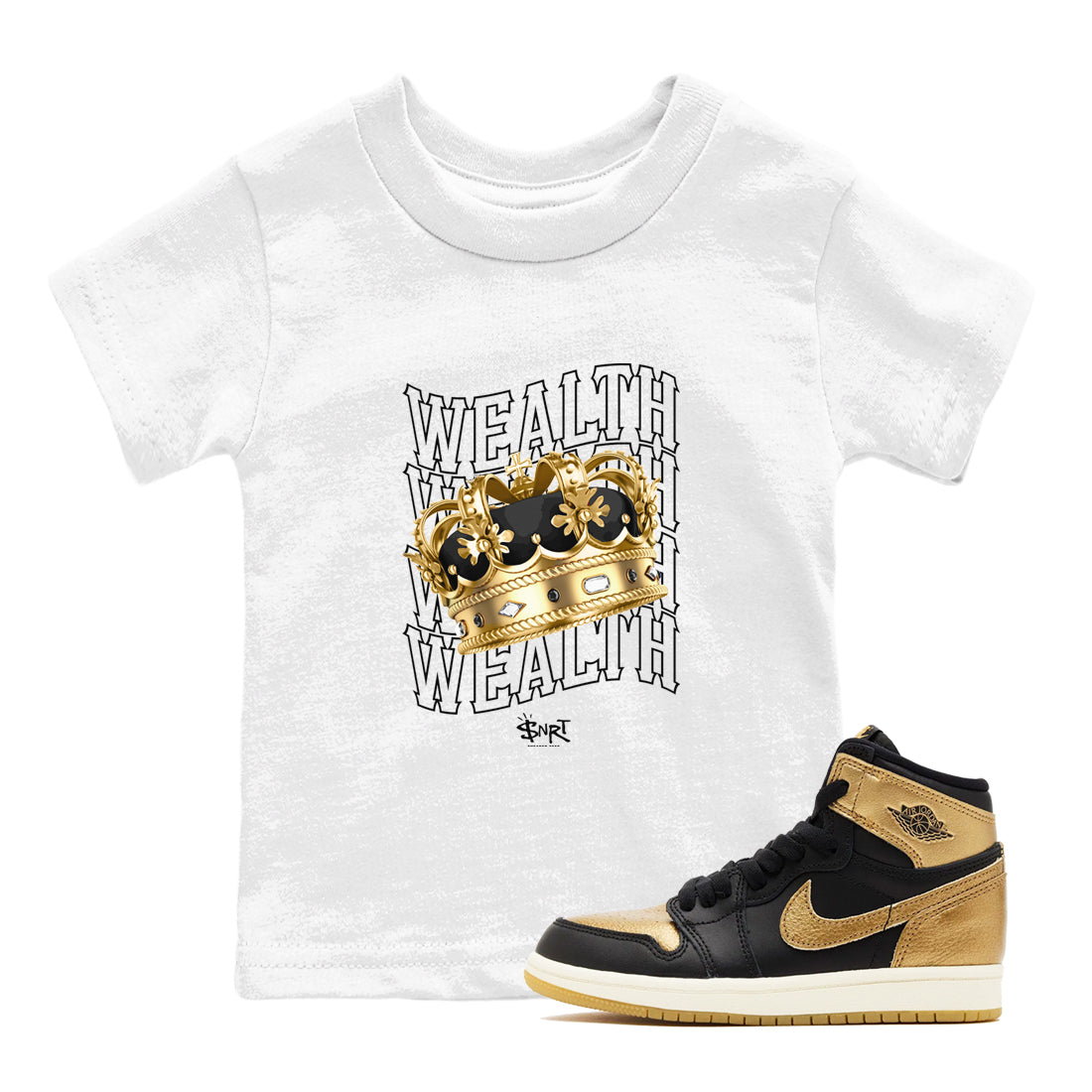 Air Jordan 1 High OG Black Metallic Gold shirts to match jordans Wealth sneaker match tees Jordan 1 Black Metallic Gold Drip Gear Zone streetwear brand Baby and Youth White 1 cotton tee